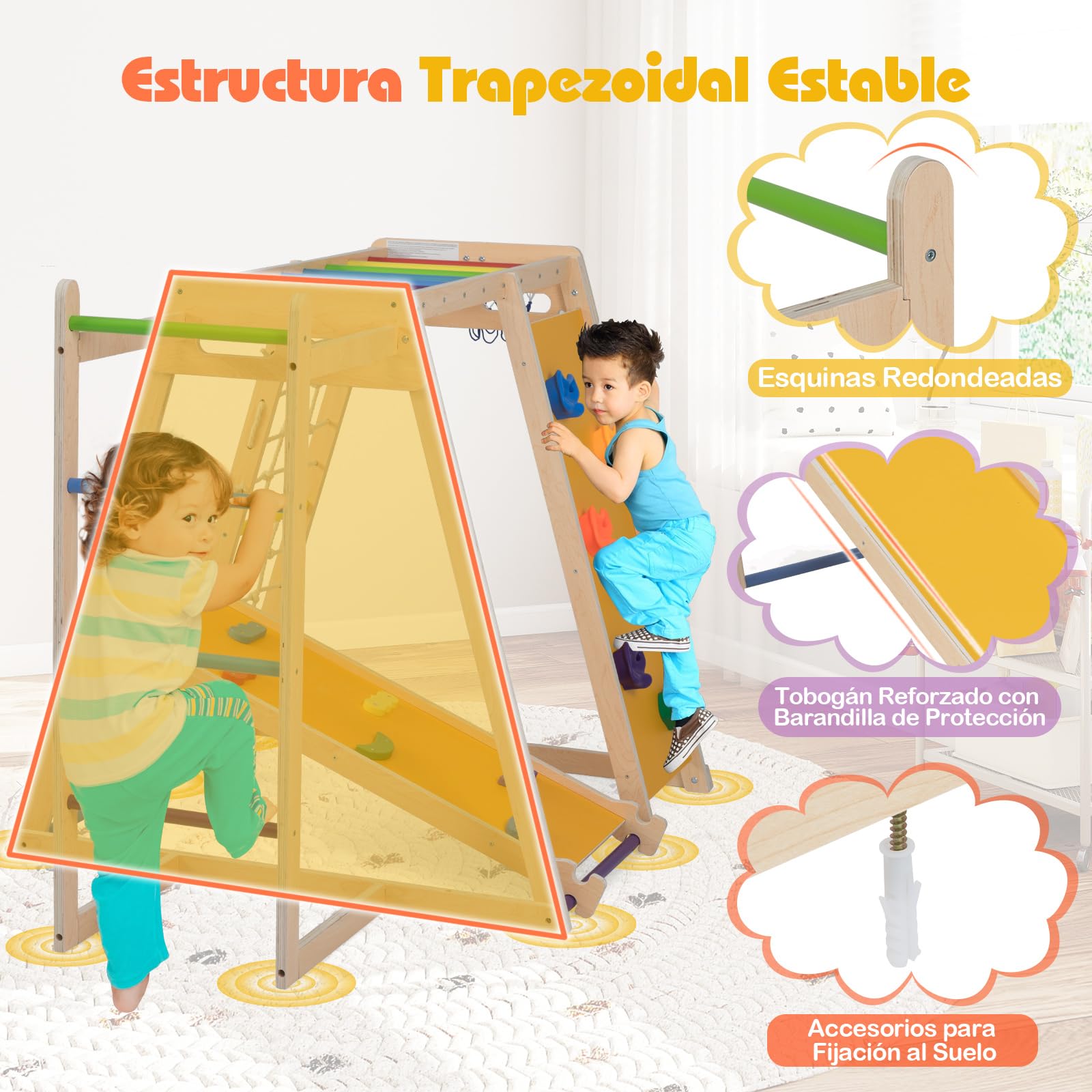 COSTWAY Gimnasio Infantil para Interior 6 en 1, Parque Infantil de Madera Montessori para Escalar con Tobogán, Escalada, Aro de Baloncesto, Barras de Mono, Red de Cuerda, Escalera (Multicolor)