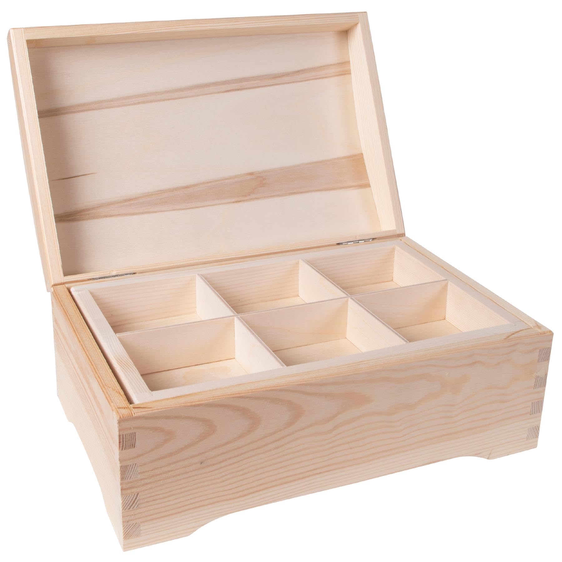 Woodeedoo Natural Wood Wooden Treasure Chest With Hinged Lid And 6-Compartment Inner Tray – Unfinished Pine Storage For Jewellery Trinkets Memorabilia Gifts Crafts – Customisable Decorative Box – 30 X 20 X 13 Cm