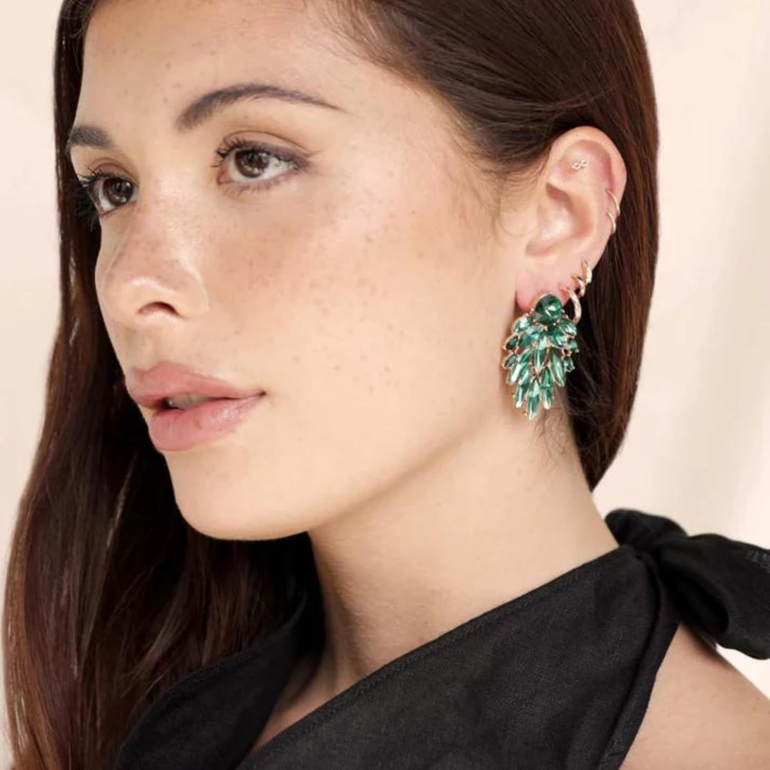 Ettika Gold Earrings. Stud Earrings For Women, Cry Me A River 18k Gold Plated Emerald Green Crystals Cluster Earrings. Jewelry, Birthday Gifts For Women