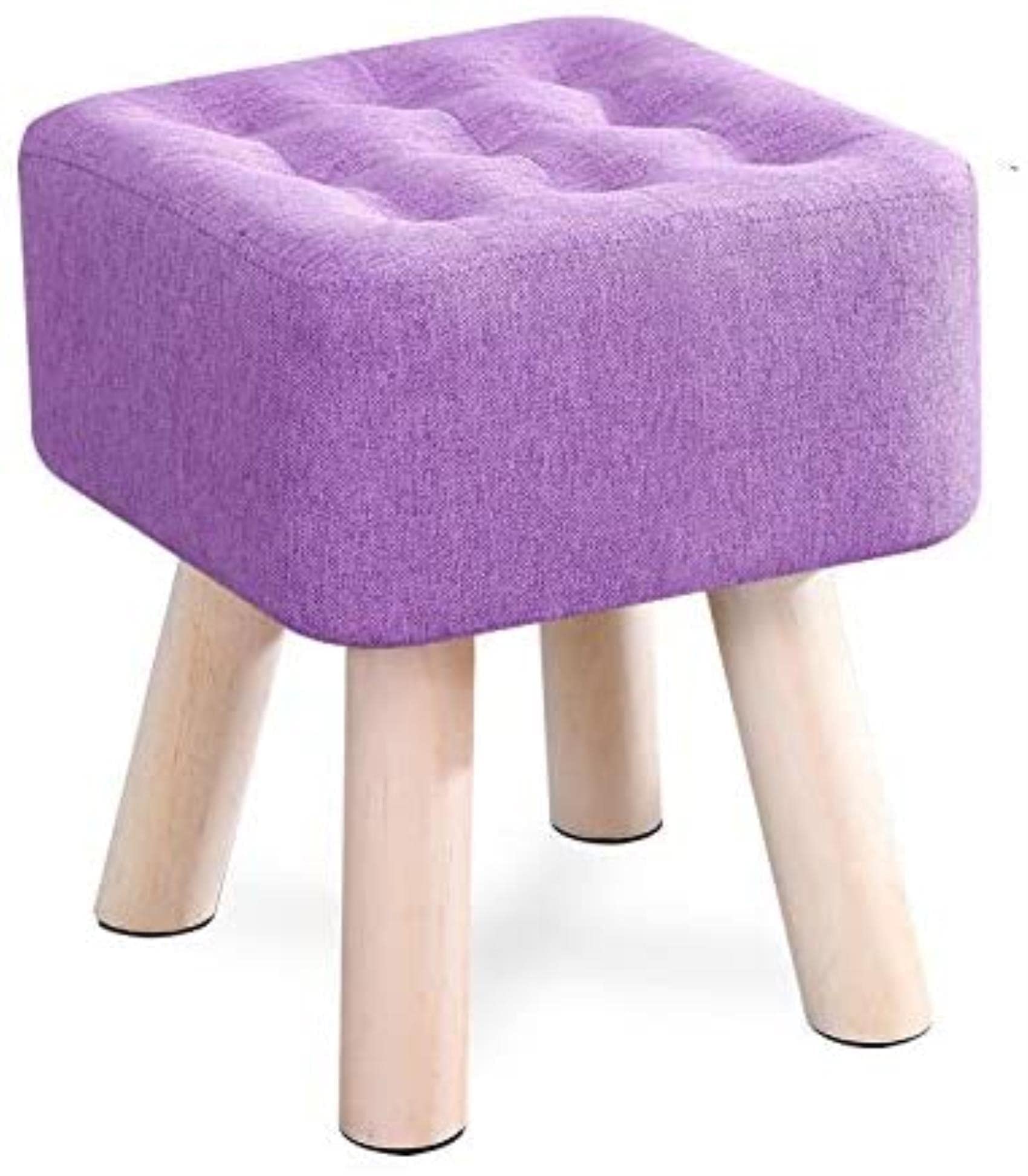 Tabouret pouf carré en lin rose H35cm avec pieds en bois