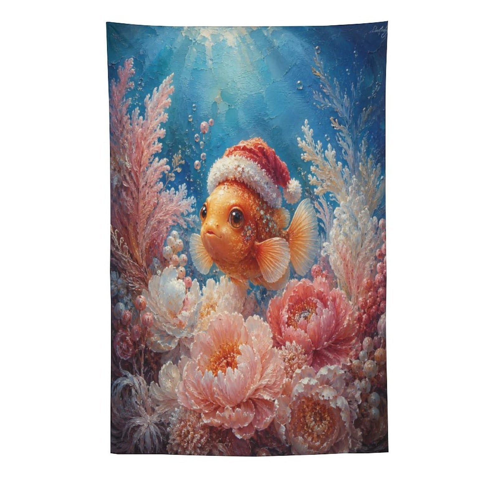 W7C8U2X3 Clownfish Santa Hat Coral Wall Tapestry, Oil Painting, Apartment