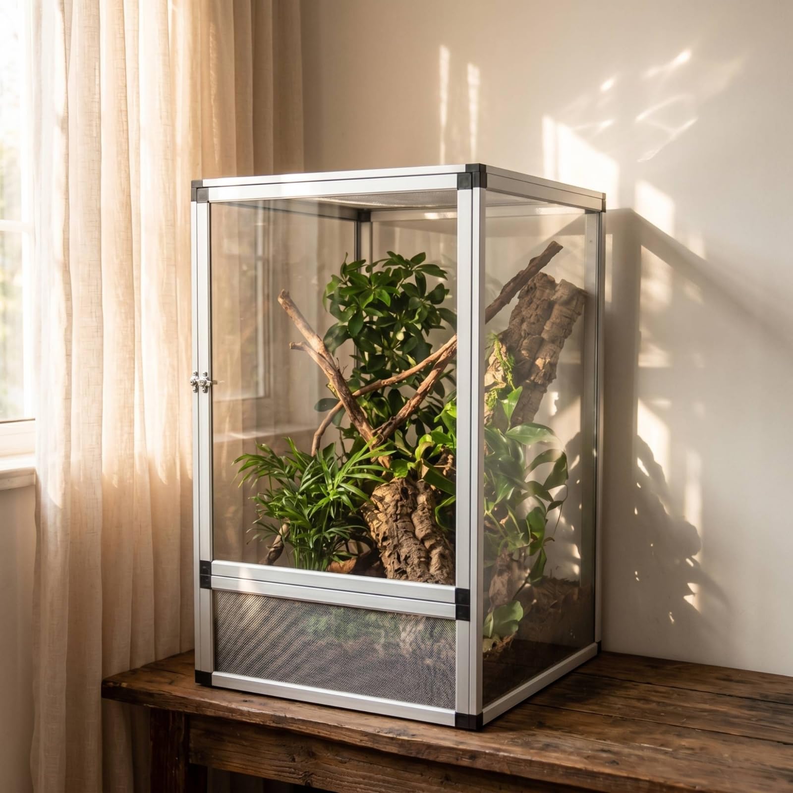 Terrario de Reptiles en Aluminio Jaula Acuario Vivario Armazón Resistente con Paneles de Malla y Bandeja Inferior para, Array, Plateado, Puerta De Malla Plateada 42 42 66cm