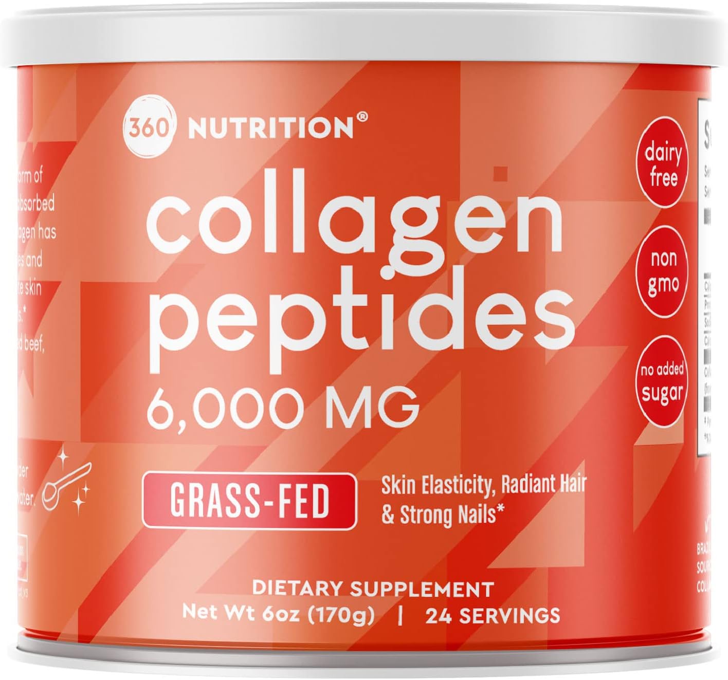 360 Nutrition Hydrolyzed Collagen Powder for Hair, Skin, Nail, Bone and Joint Health, Grass Fed Collagen Peptides, Dairy Free, No Added Sugar, Non GMO, Dissolves Easily, Unflavored