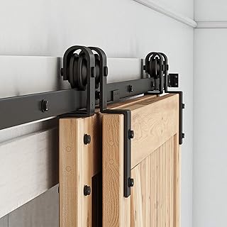 SMARTSTANDARD 8 Feet Bypass Sliding Barn Door Hardware Kit - for Double Wooden Doors-Single Track - Smoothly & Quietly - Easy to Install-Fit 84" Opening