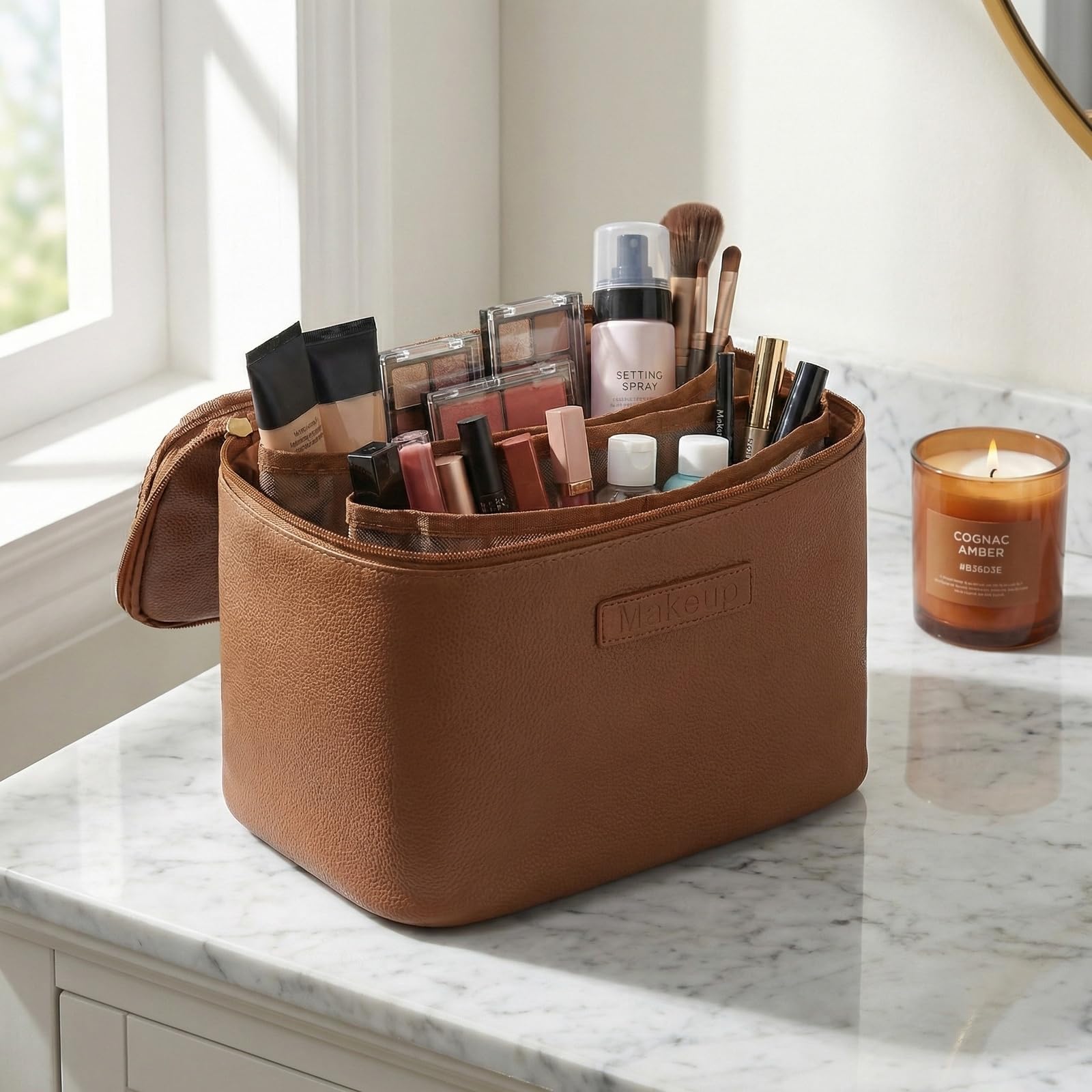 Nivofu Beauty Case Donna, Porta Trucchi Impermeabile in Pelle PU, Trousse Trucchi con Manico e Divisore Rimovibile, Beauty Case da Viaggio di Grande Capacità per Donne e Ragazze, Marrone