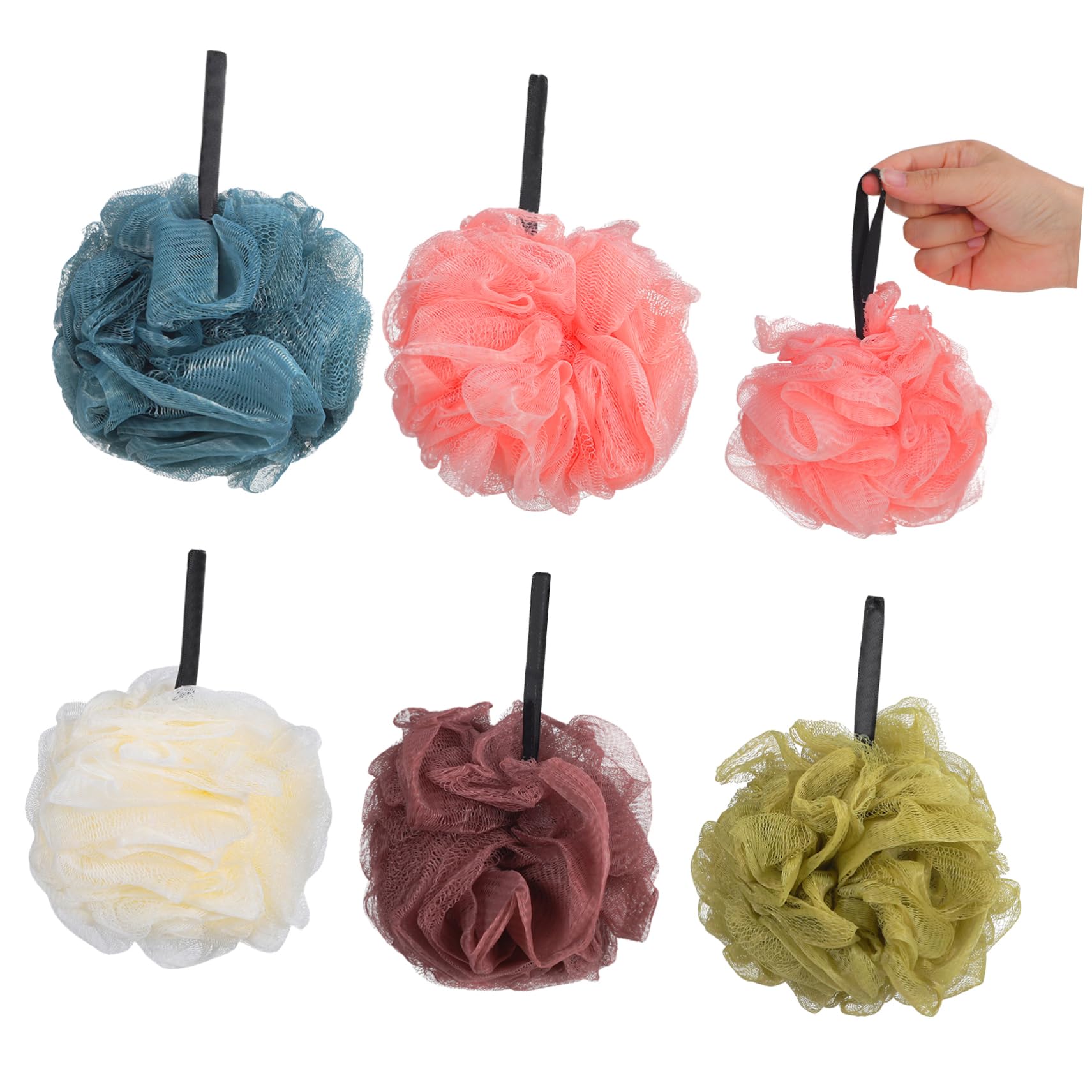 EPIGEIST 5Pcs Solid Color Shower Balls Soft Bath Scrubbers for Exfoliating Cleansing Durable Pe Material Lanyard Design for Gentle Body Wash Blue Beige Pink Green Khaki