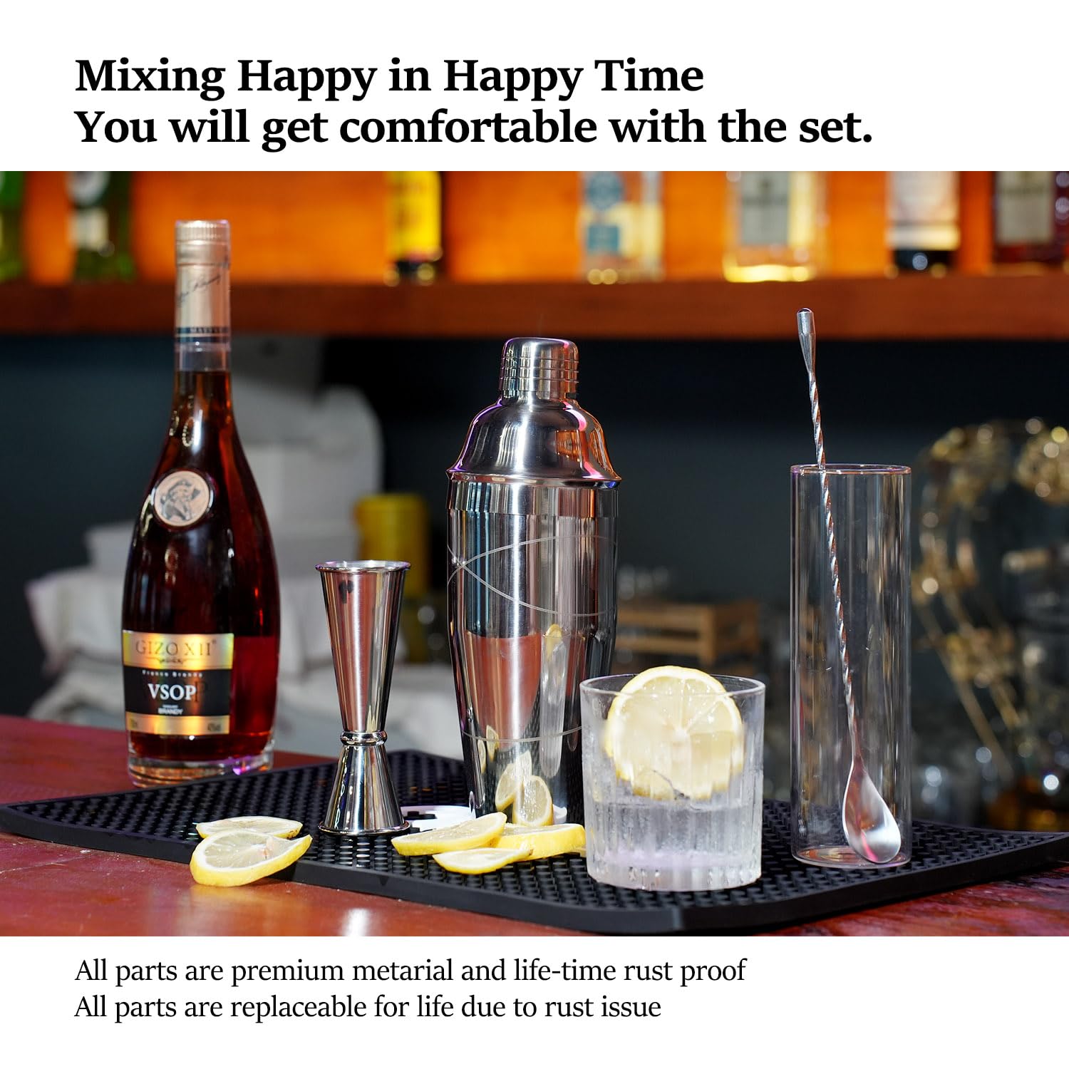Lexenic Set professionale per cocktail da barista, set da 6 pezzi – Set di strumenti per bar – Kit miscelatore per bevande con strumenti accessori: tappetino da bar, shaker Martini, misurino, colino,