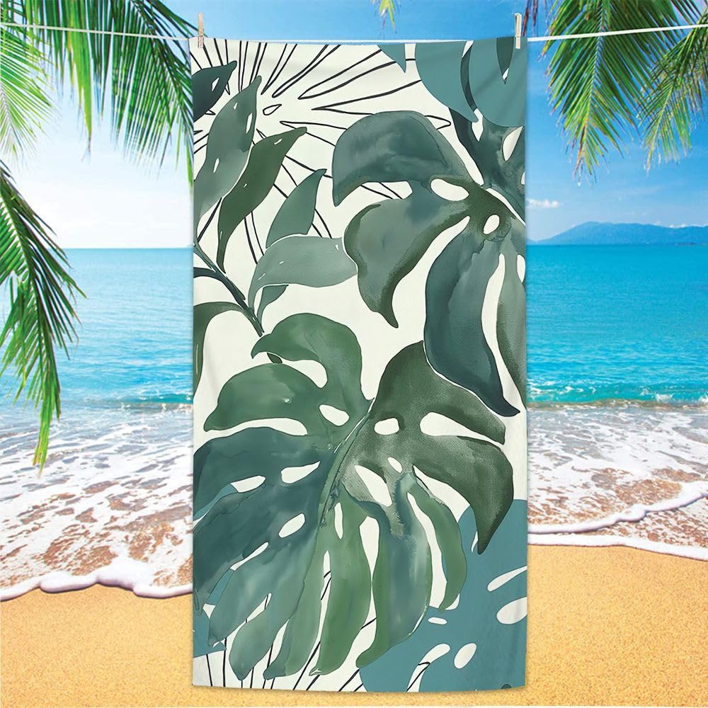 LYVQZPWLR Microfibre Beach Towel， Microfibre Beach Towel Large Soft Adult Child Travel Sports Gym Multicolor Multiple Sizes(Beige Green Leaves,100x200cm)
