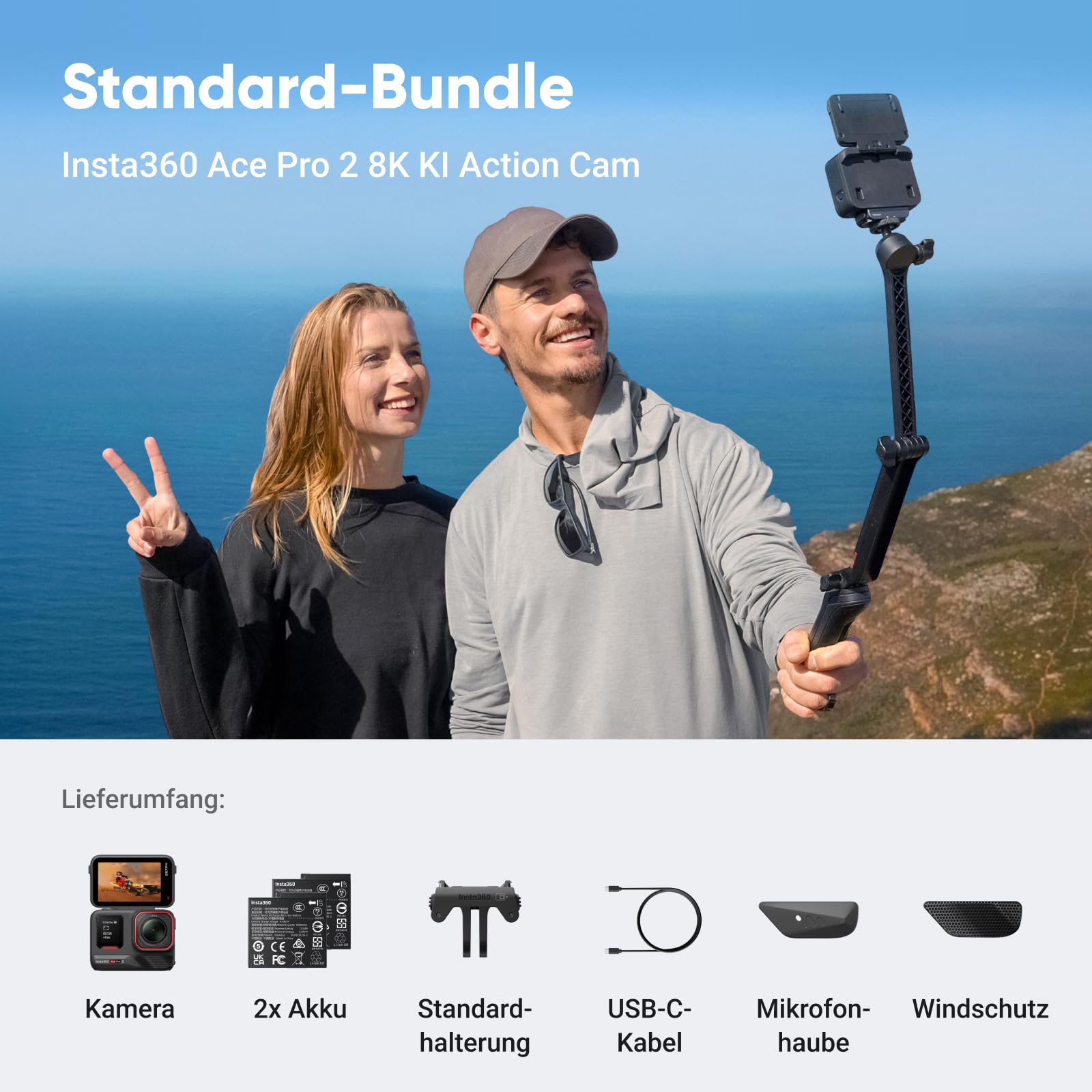 Insta360 Ace Pro 2 Dual-Akku 8K Action-Cam mit Leica Objektiv, 1/1,3" Sensor, Dual-KI-Chip, Flipscreen