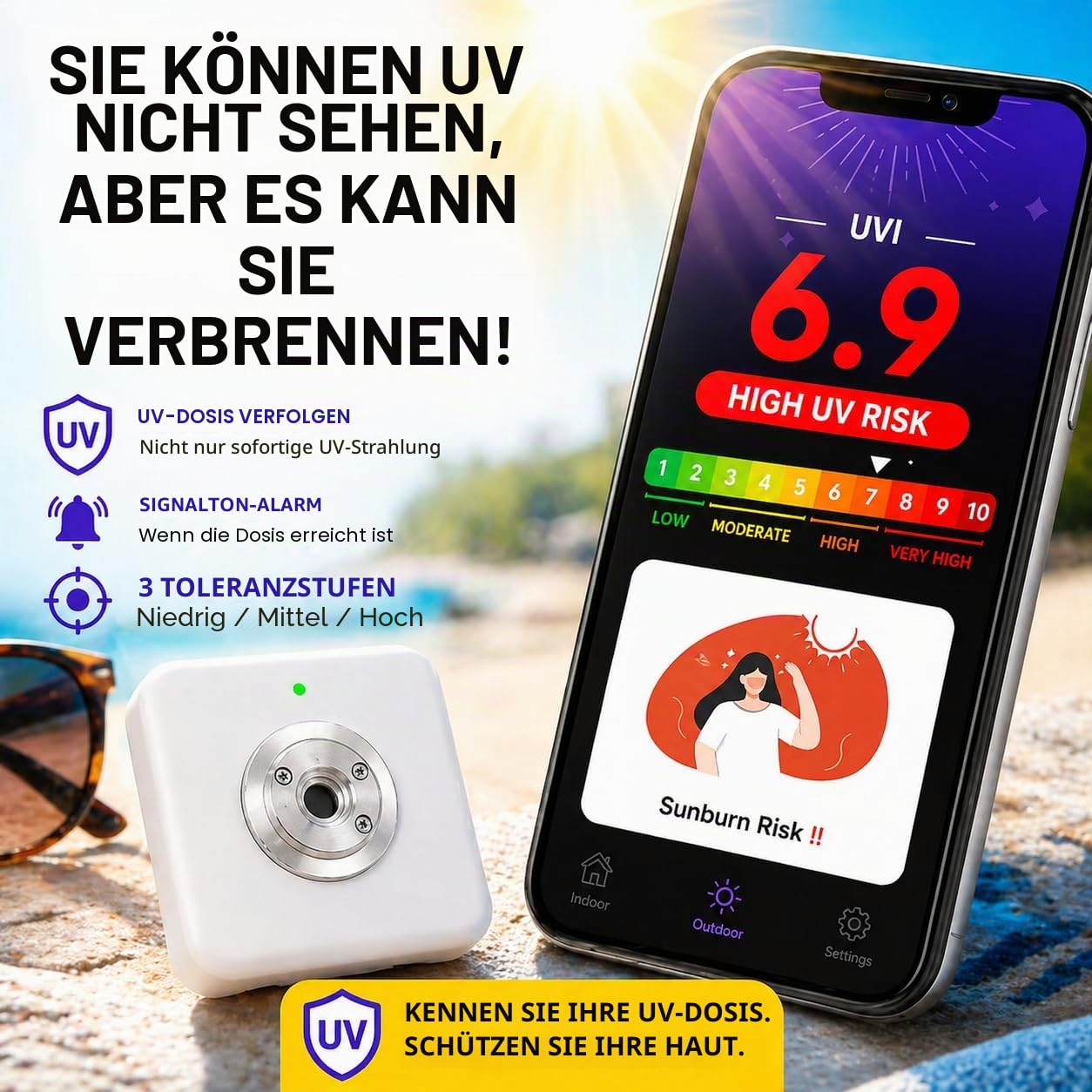 UV-Index-Messer mit Dosisalarm 0-22 UVI, akustischer Warnung, Bluetooth-App, UV-Exposition