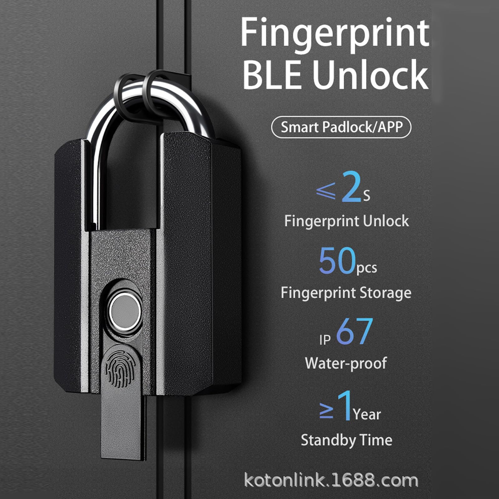 Cadenas Intelligent à Empreintes Digitales BT, Serrure Extérieure Robuste avec clé IP67 50, Stockage D'empreintes Digitales pour Clôture, Hangar, Porte de Piscine, Entrepôt