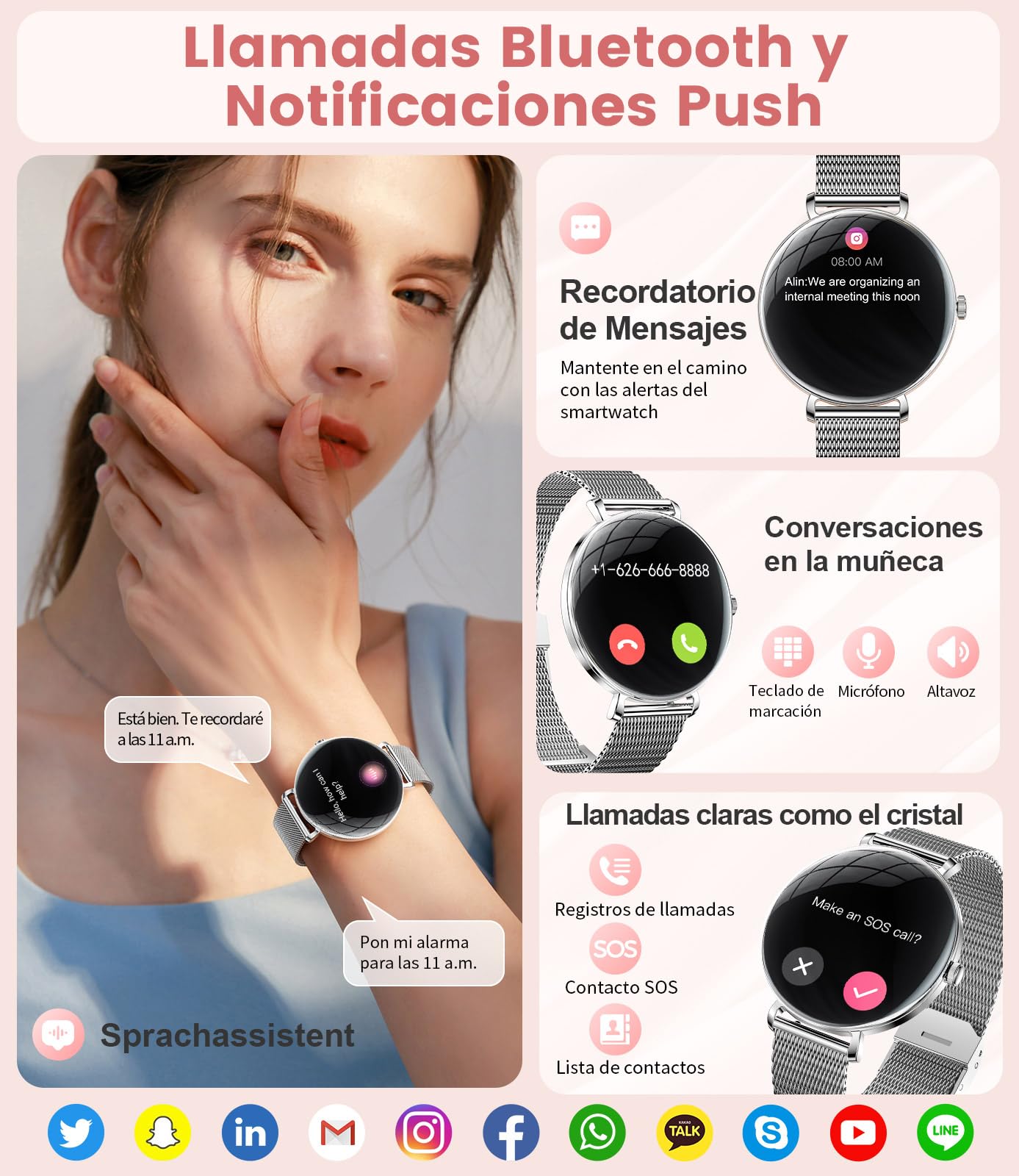 SUNKTA Reloj Inteligente Mujer Ligero con Pantalla Curva AMOLED Ultra Fina Bluetooth Llamadas IP68 Impermeable Podómetro/Frecuencia Cardíaca 100+ Modos Deportivos Elegante Smartwatch para Android iOS