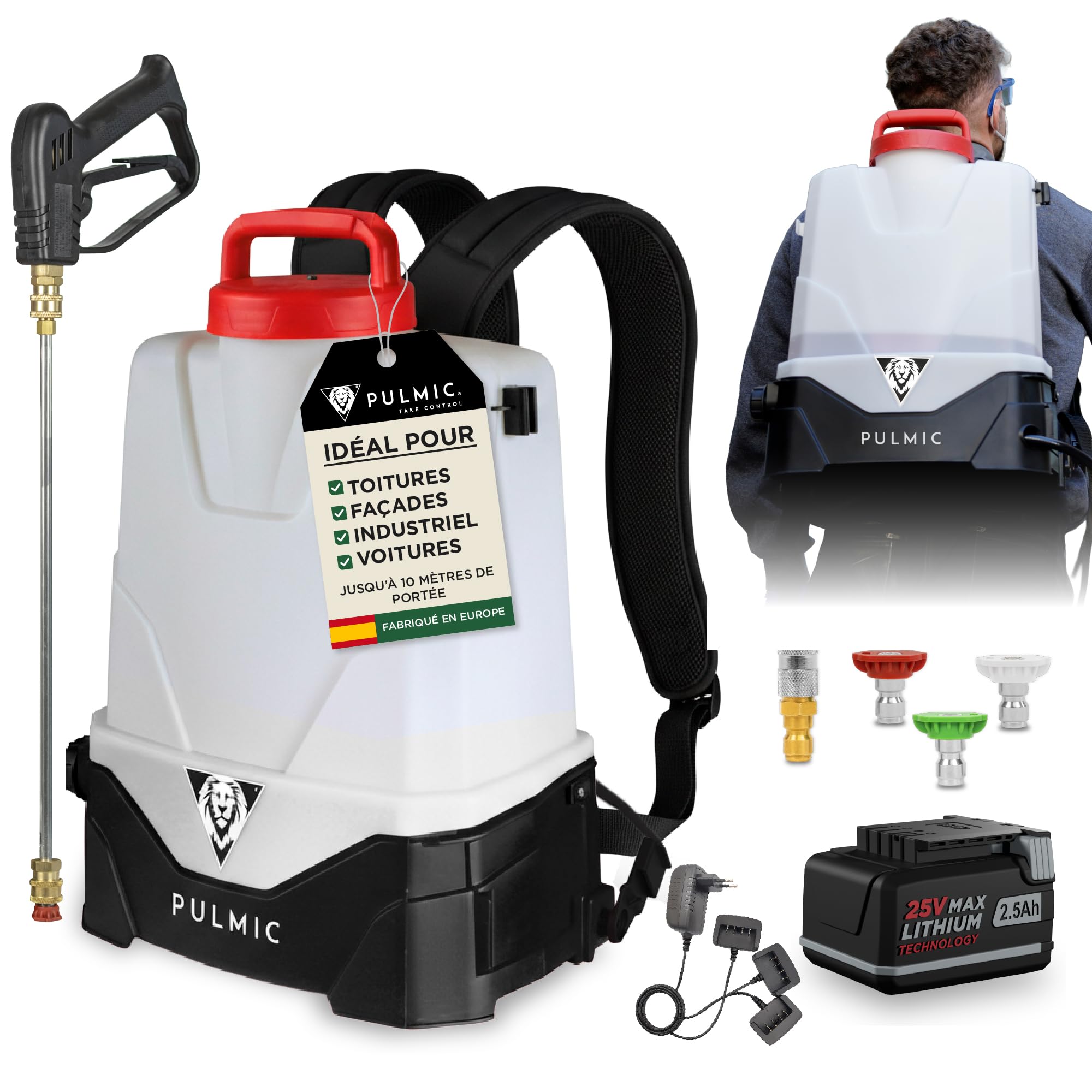 PULMIC Pegasus 15, Pulvérisateur Électrique Professionnel 15 L avec Batterie Lithium 25 V Max, 7 Bars, 3 Vitesses et Buses Interchangeables pour Nettoyage et Désinfection