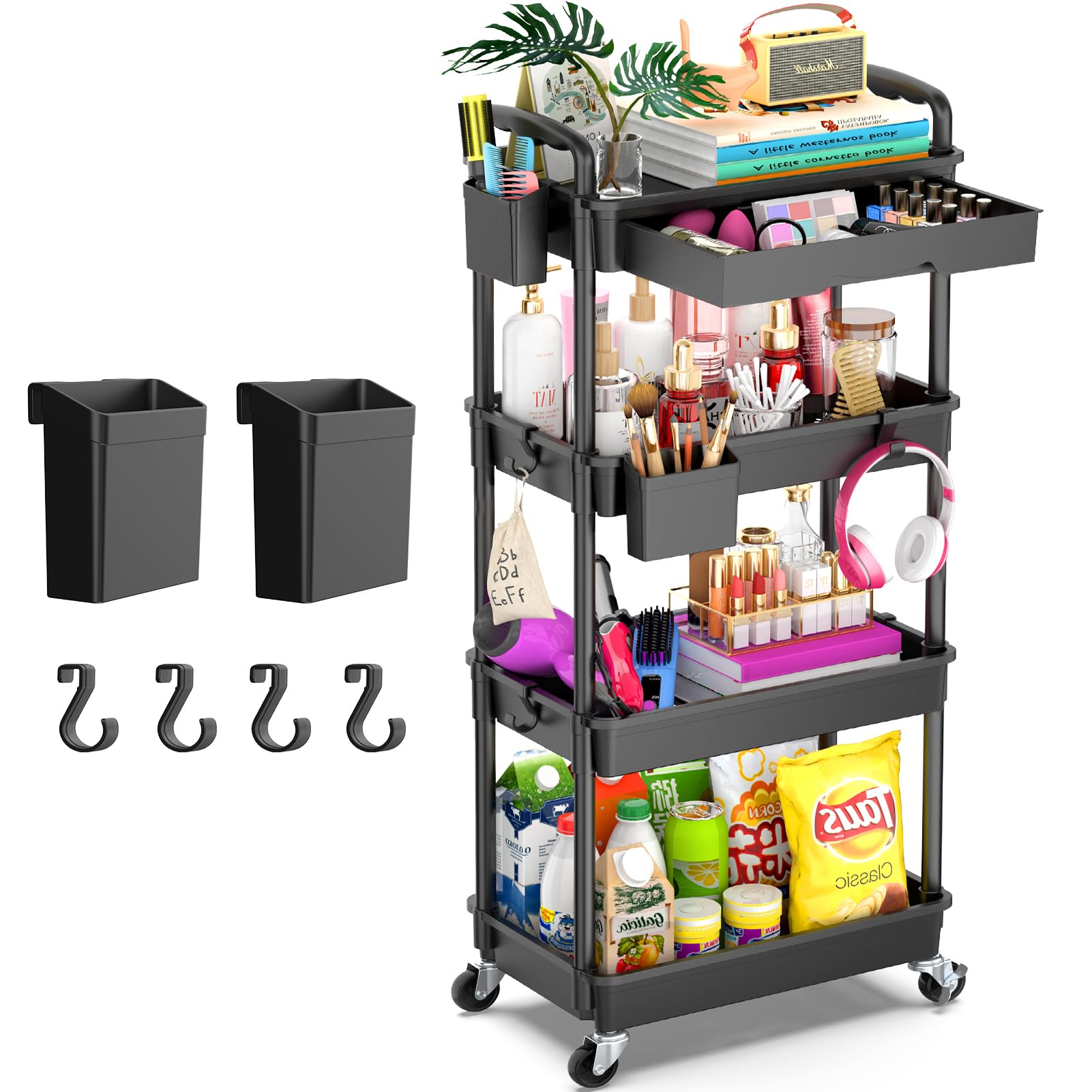 Goovilla 4 Tier Rolling Utility Cart Organizer with Removable Drawer, Stable and Sturdy Black Rolling Storage Carts with 2 Lockable Wheels for