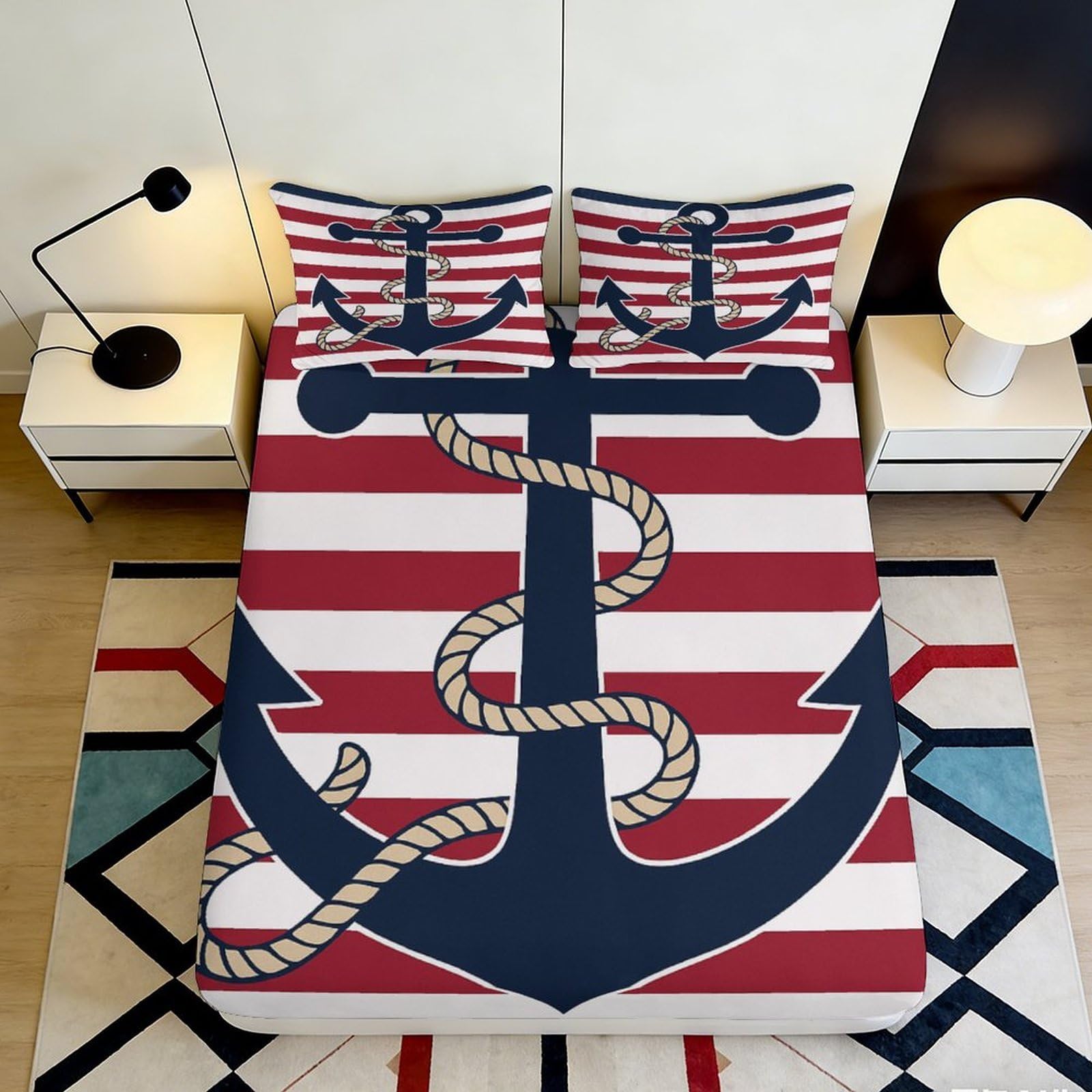 3D Printed Nautical Anchor Fitted Sheet Microfiber Deep Pocket Bedroom Bedding Anchor Mattress Fitted Cover for Adults Teens 160x200x25cm