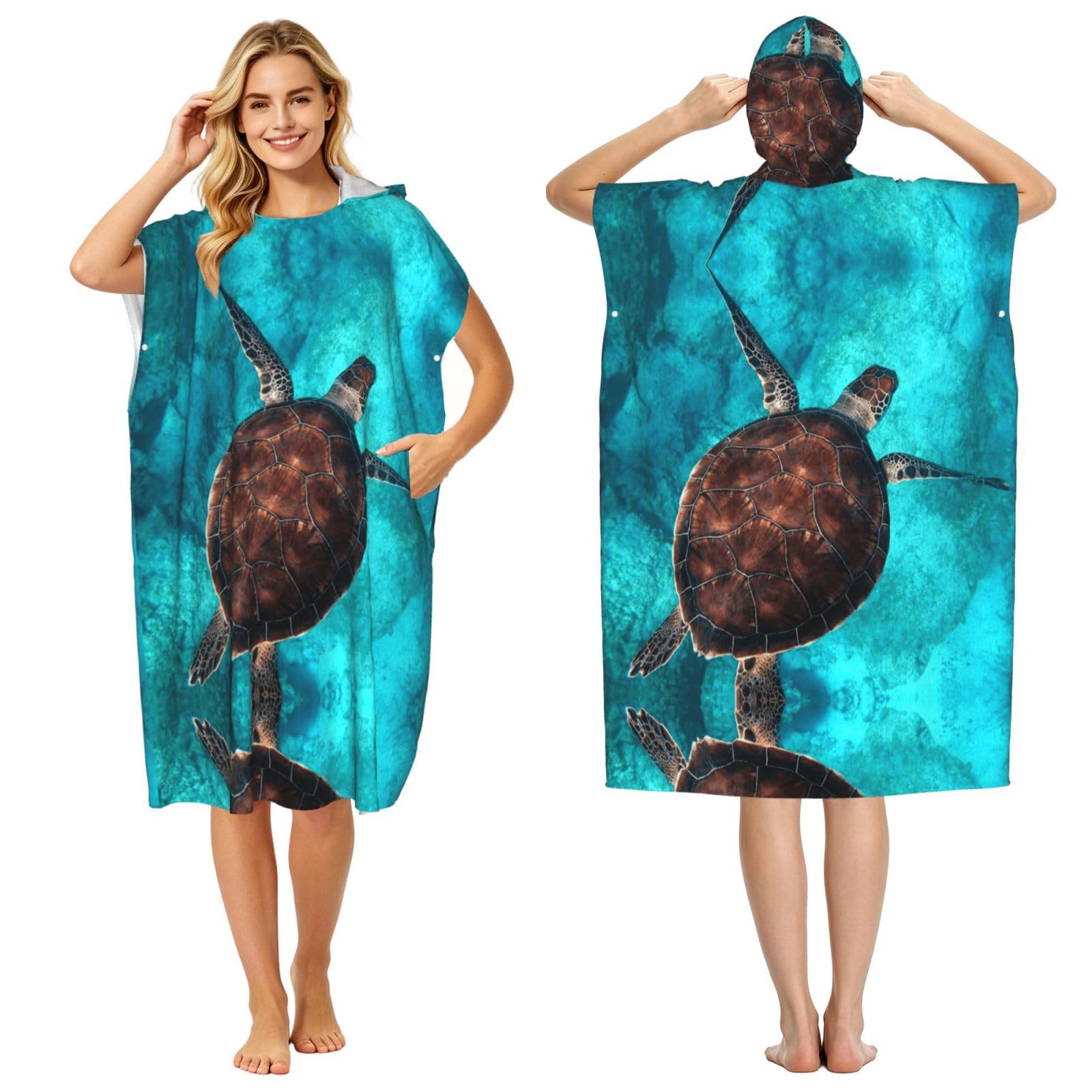 EZDLOWVBA Swimming Tortoise Sea Print Hooded Poncho Microfiber Beach Towel,Adult Women & Men Changing Robe,Lightweight Summer Surf Swim Bath Poncho Towel