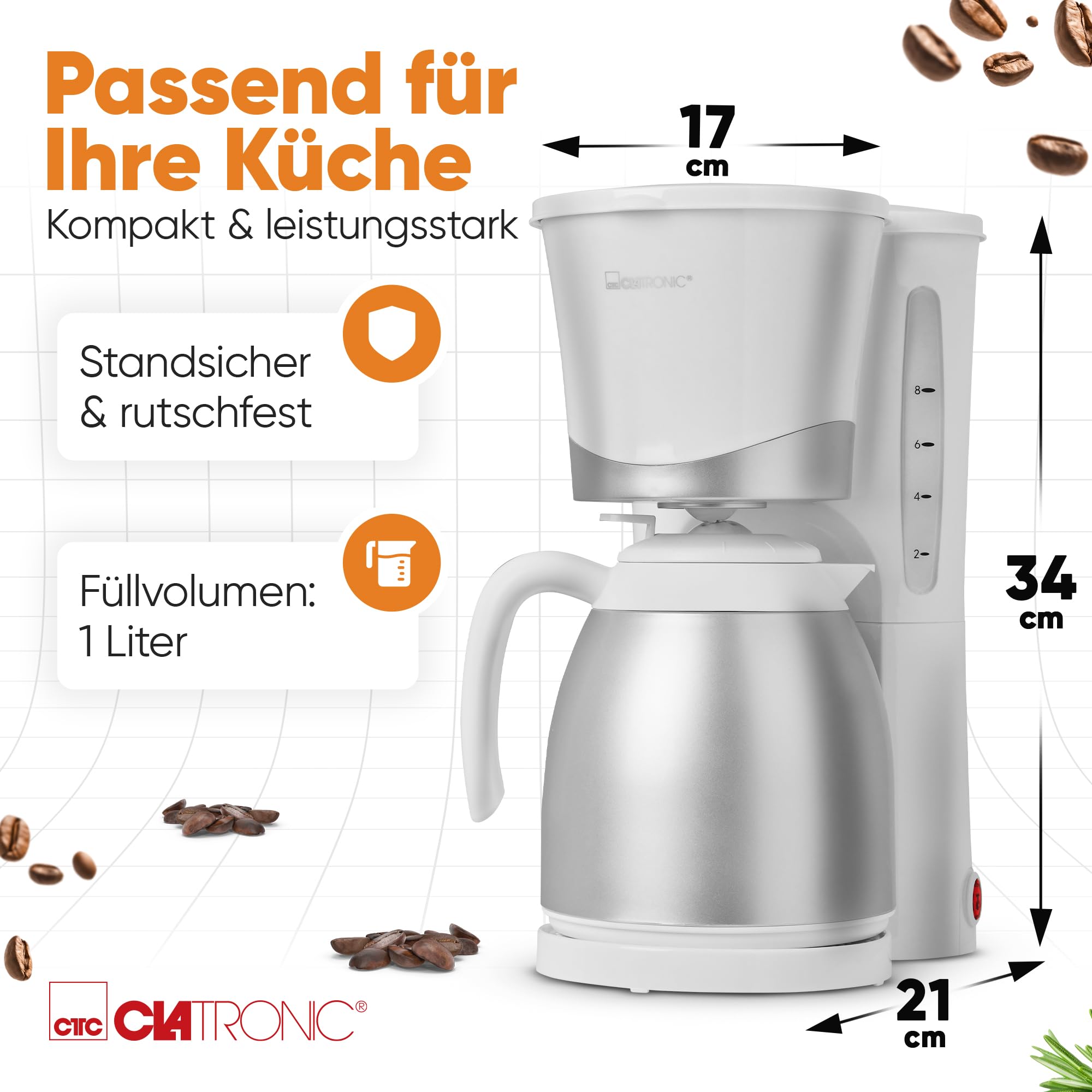 Clatronic KA 3327 - Cafetera eléctrica de goteo automática con jarra termo, máquina café de filtro capacidad 8 a 10 tazas, 1 litro, función de mantenedora calor, 870 W, color blanca