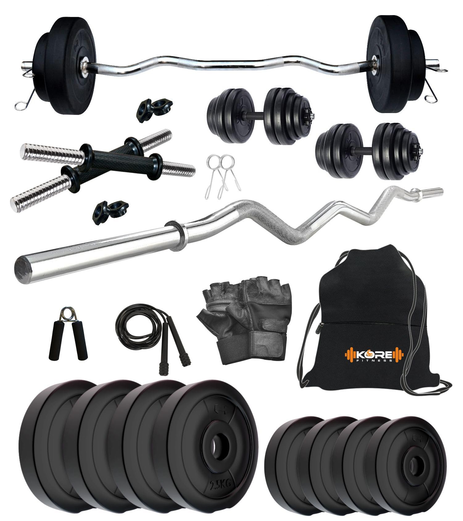 Kore PVC 14 Kg Home Gym Set with One 3 Ft Curl and One Pair Dumbbell Rods with Gym Accessories, Black