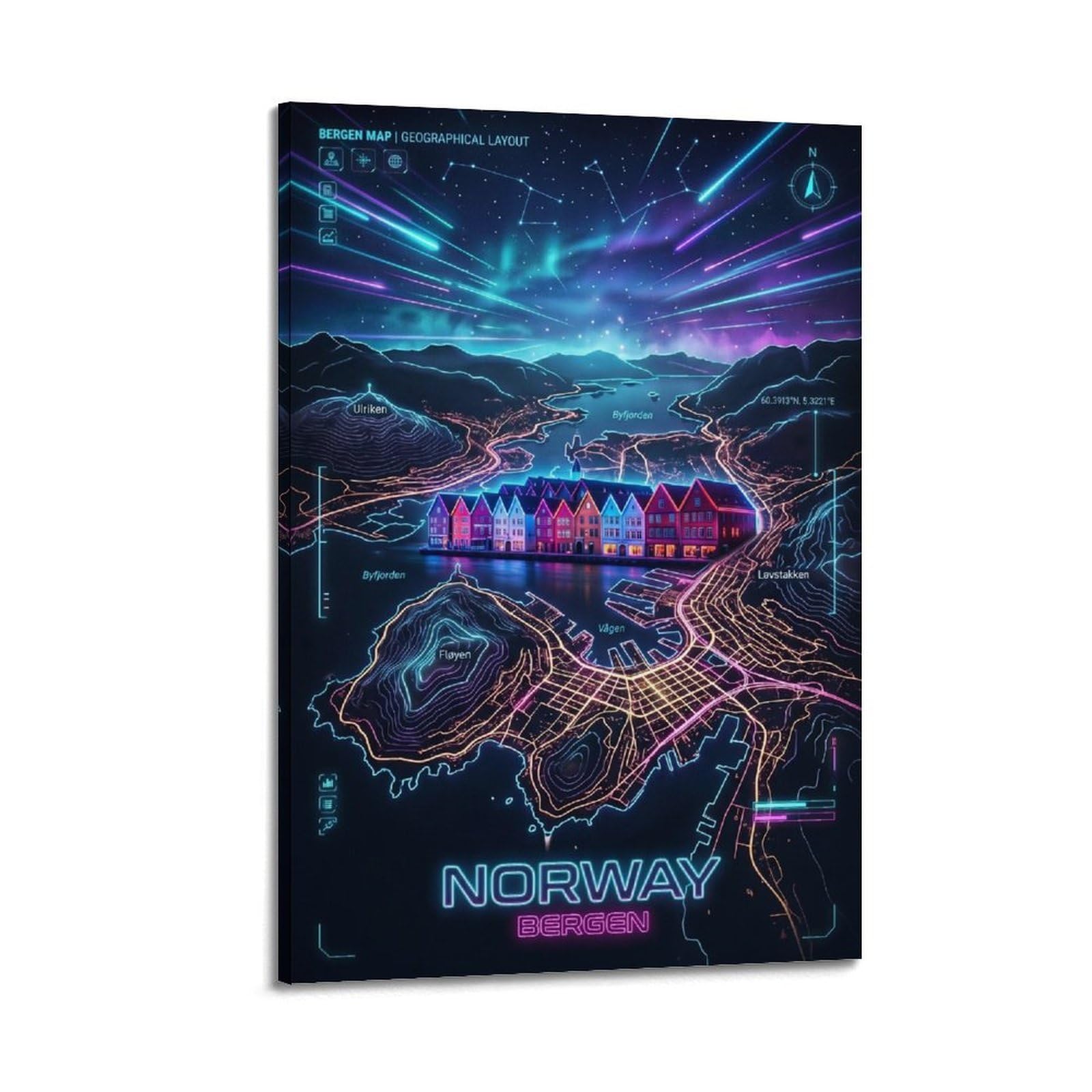 XKUGA Norway Bergen 80s Neon Map Gamer Room Poster Modern Decorative Canvas Prints - Ideal Wall Art for Family, Man Cave, Game Room, Boys & Girls Bedroom 12x18inch(30x45cm)