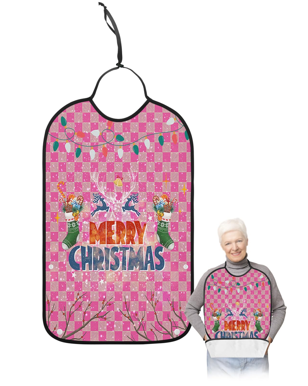 Merry Christmas Adult Bibs for Eating, Waterproof Bibs with Food Catcher & Adjustable Snap Closure, Pink Plaid Xmas Stocking Elk Winter Snowflake Clothing Protectors Adult Bibs for Elderly Women/Men