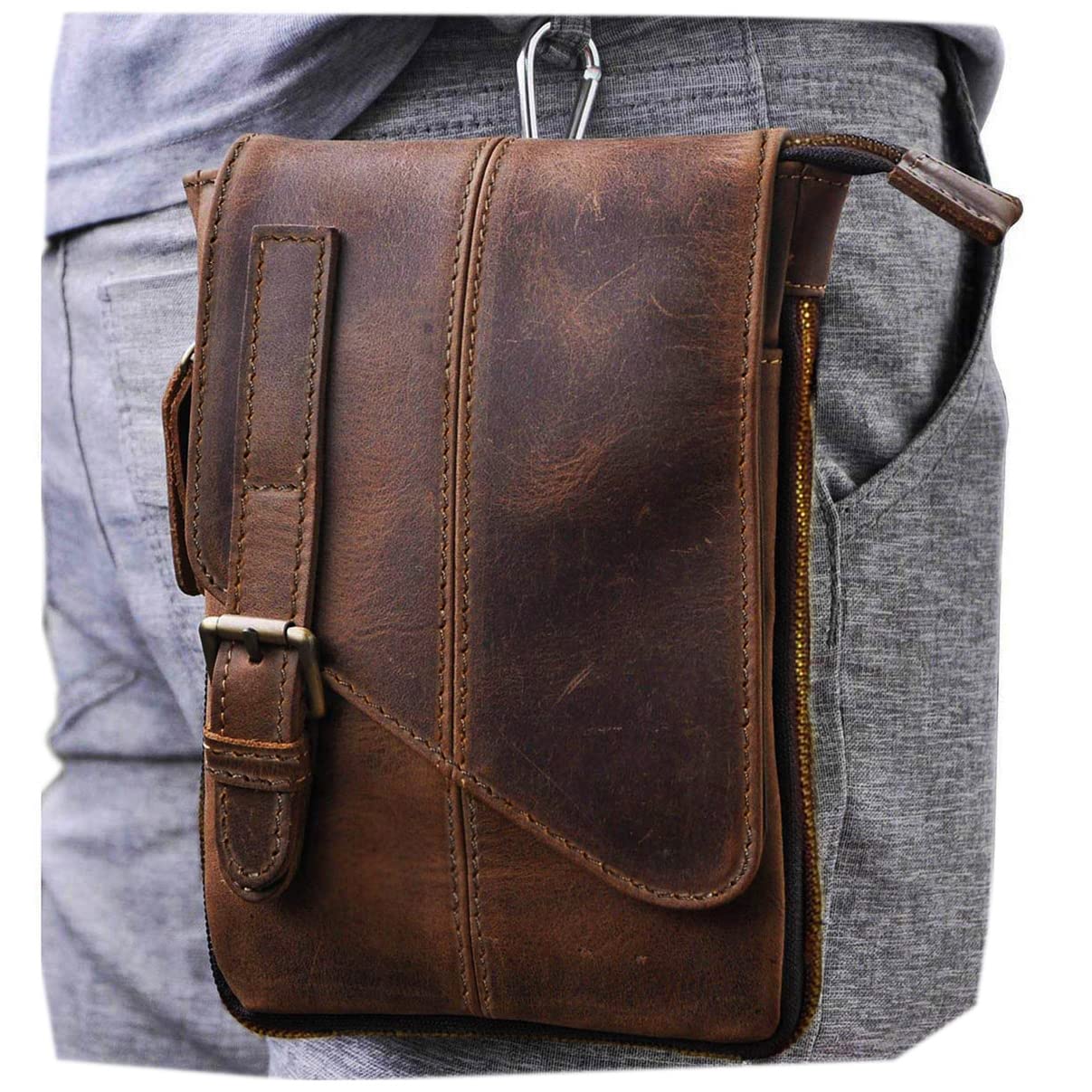 Le'aokuu Mens Genuine Leather Small Messenger Shoulder Satchel Phone Pouch Belt Waist Bag Pack