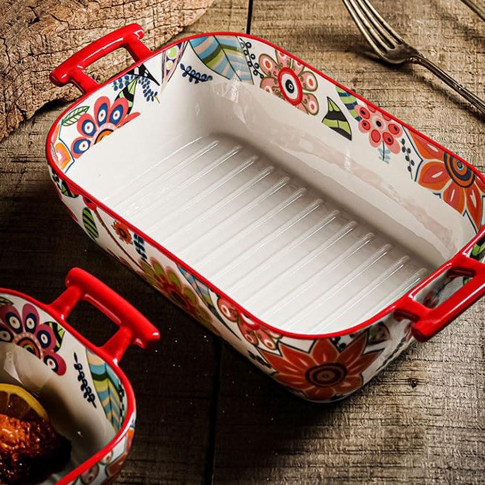 Utensilios para hornear Molde rectangular de cerámica con forma flor mariposa 850 ml doble asa for hornear carnes asadas Bandejas De Horno
