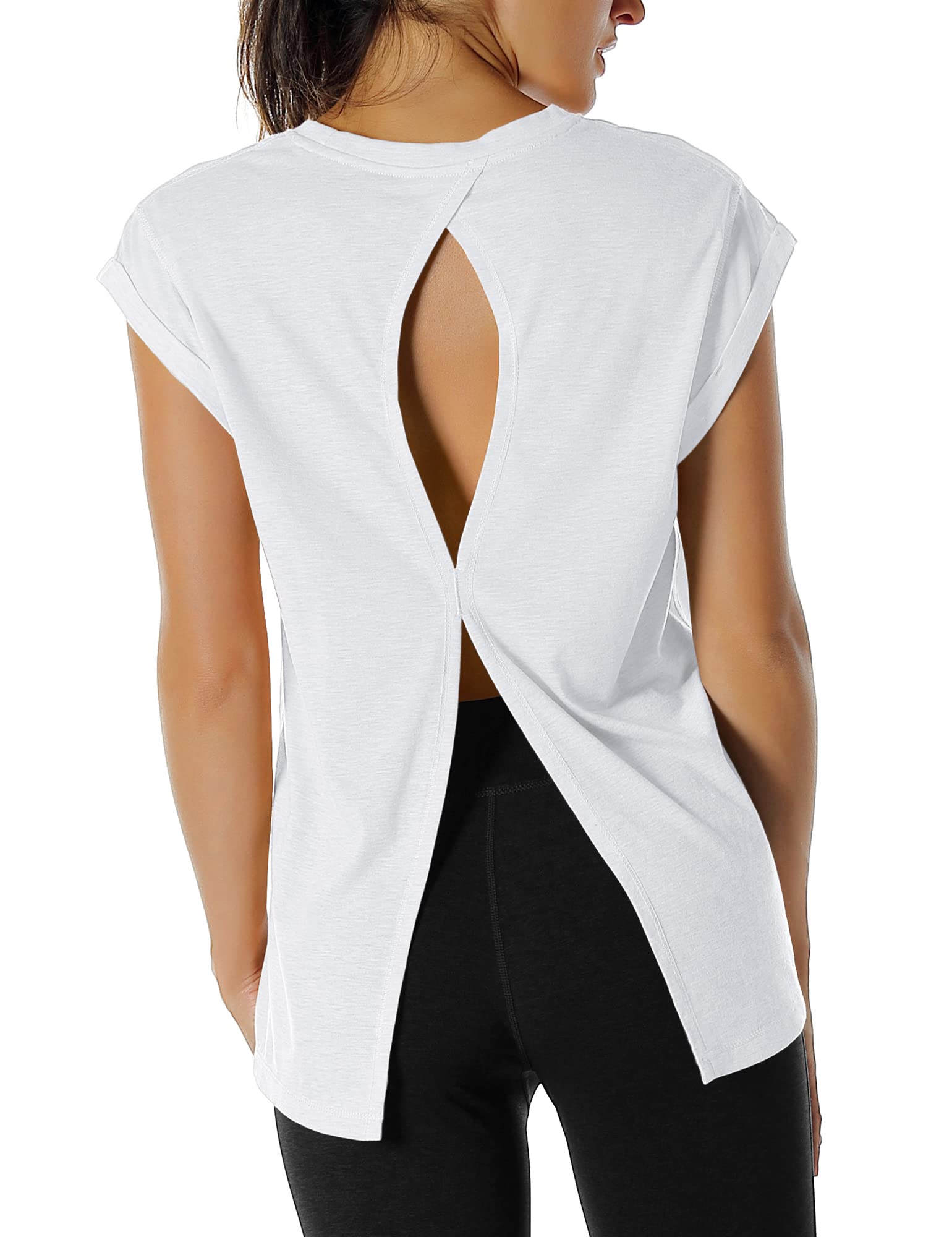 icyzone Open Back Workout Top Shirts - Yoga t-Shirts Activewear Exercise Tops for Women (XL, White)
