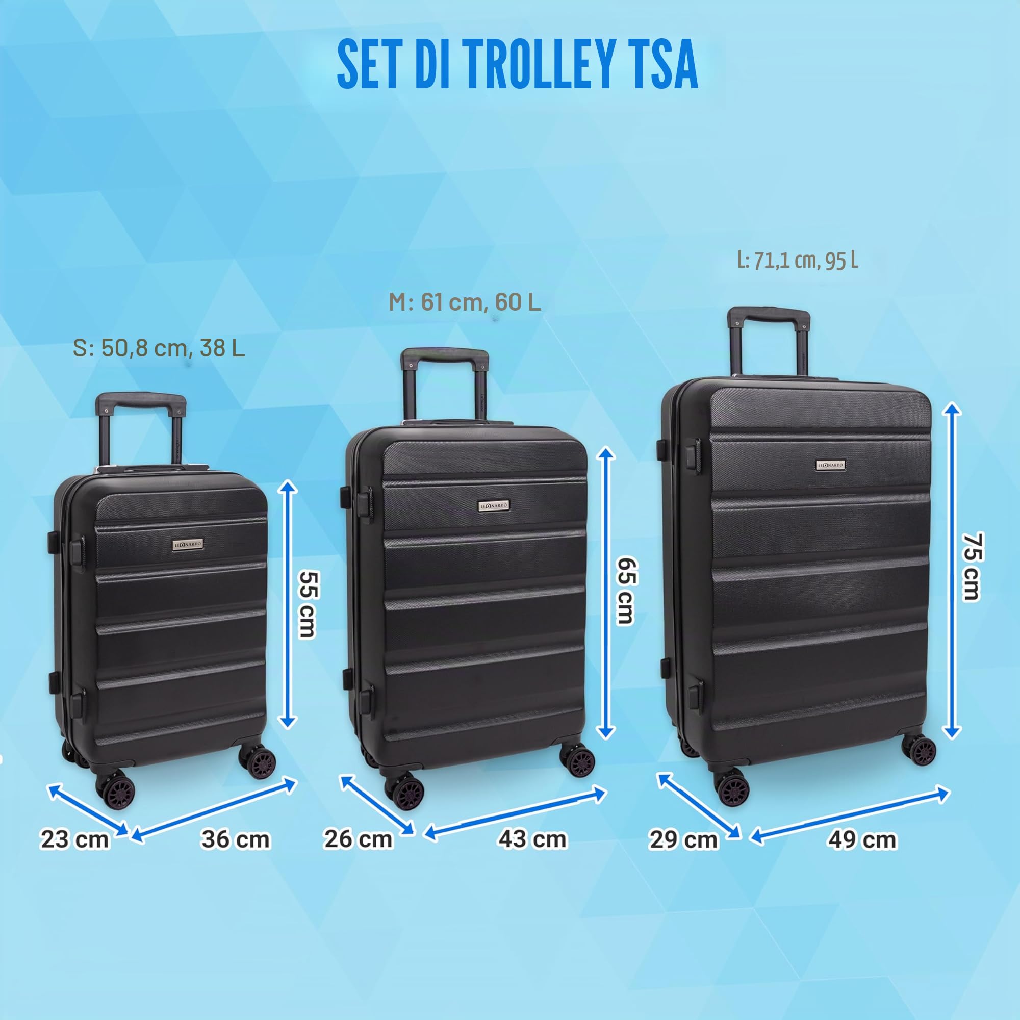 Leonardo® Bagage Grande Taille de Voyage | Valigia con Chiusura TSA | Valigia da Viaggio | Borsa da Viaggio con 4 Ruote Doppie | Bagaglio a Mano | Trolley | Valigia Rigida | Set S-M-L | Venezia | Nero