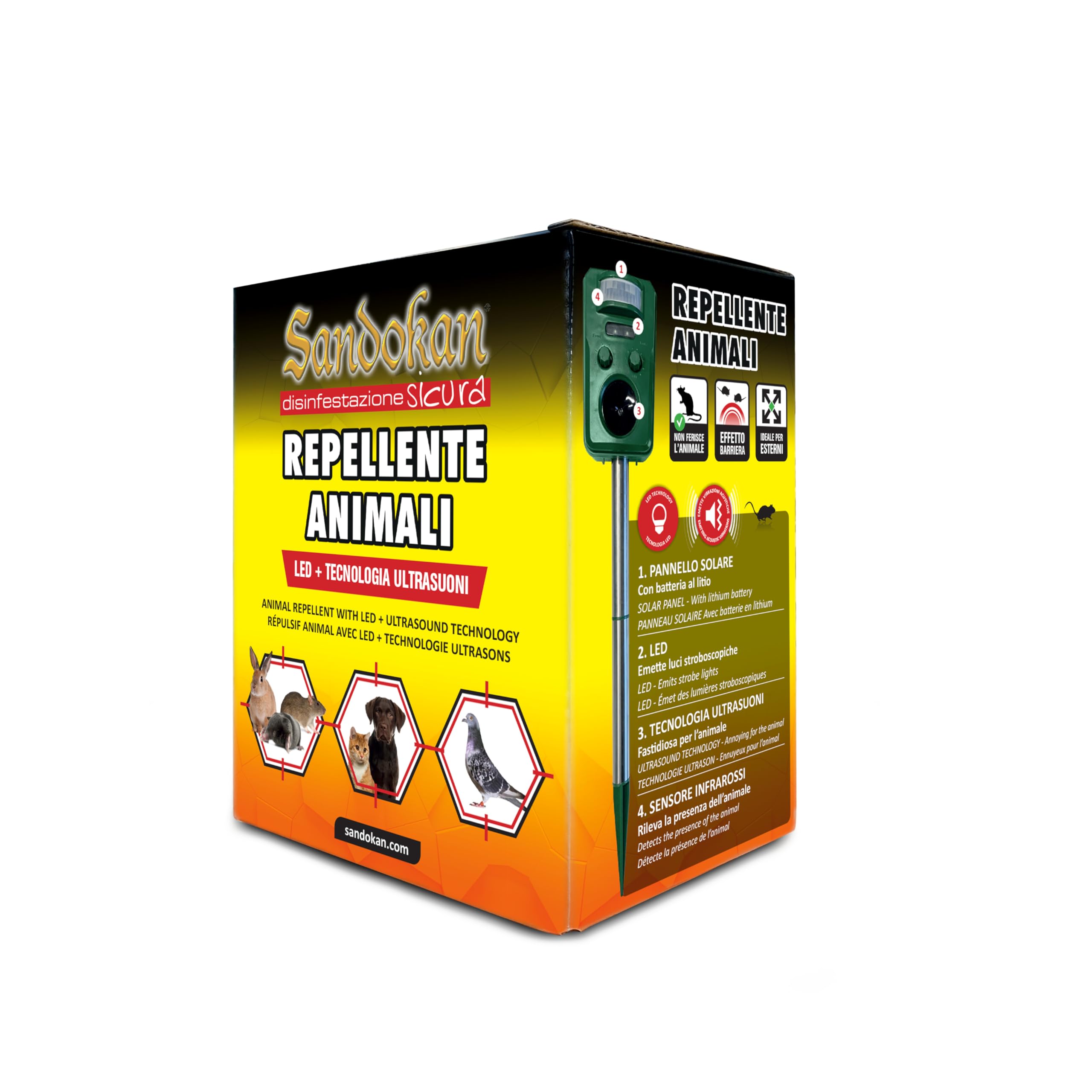 Sandokan, Repellente Animali Ad Energia Solare, Tecnologia Ultrasuoni Con Sensore Infrarossi e Luci Stroboscopiche, Protezione Giardini, Orti e Cortili, 6 Modalità di Frequenza, Ecologico e Sicuro