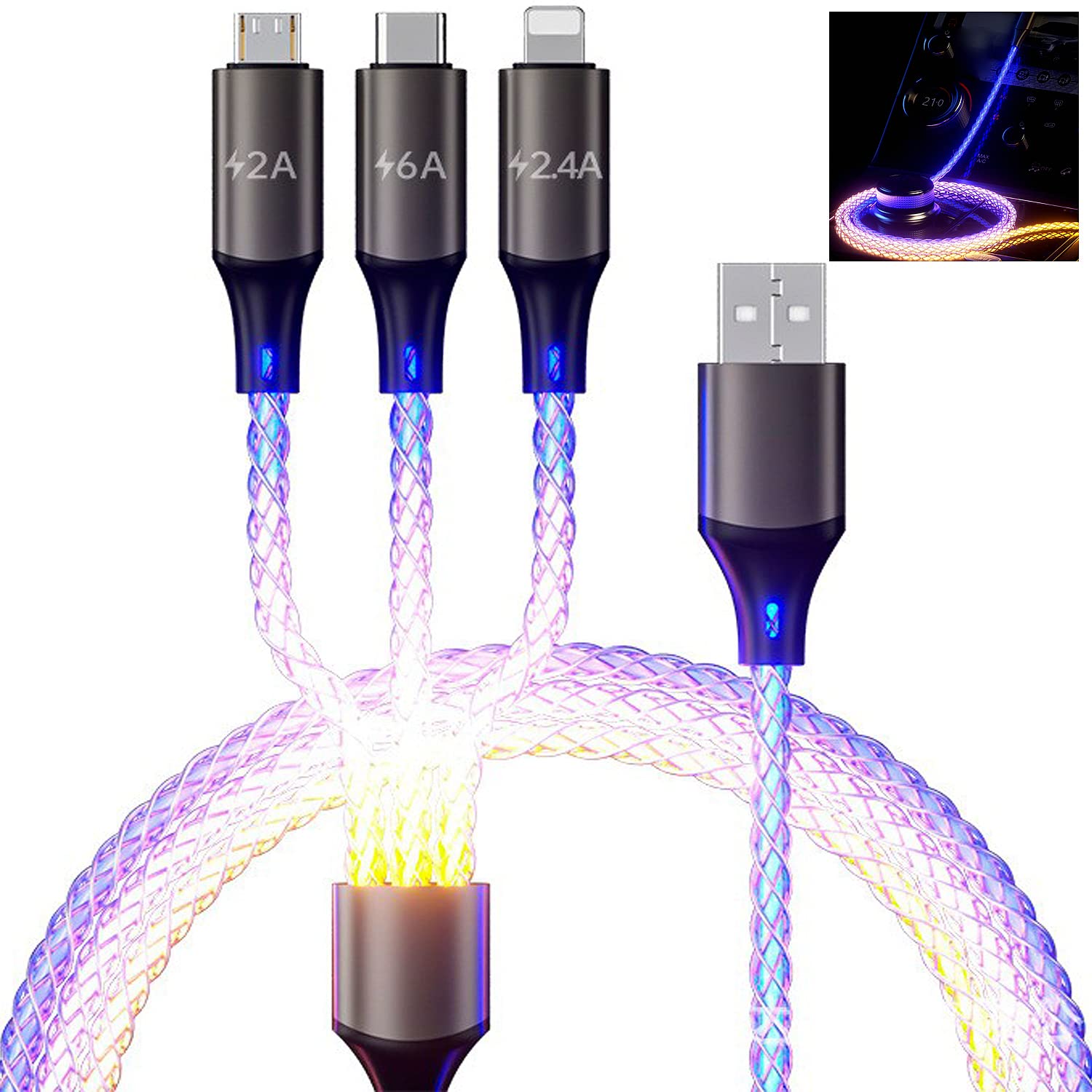 Light Up Phone Charger Cord, Multi LED Charging Cable RGB Glowing Gradual Lighting USB C Cable Fast Charging Universal 3 in 1 Charger Adapter Micro USB Type-C