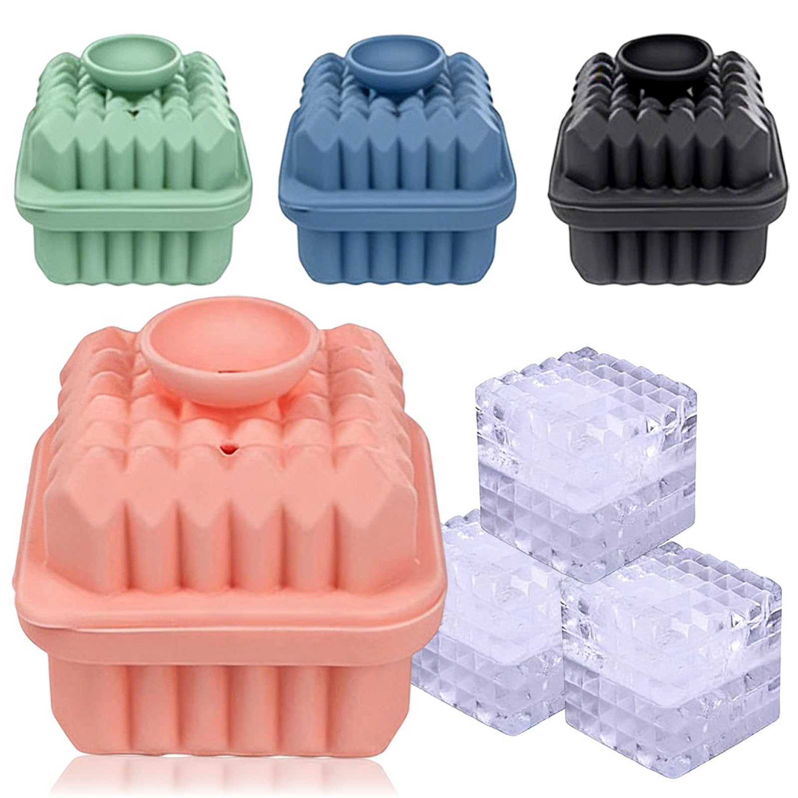 CHSEEO Large Ice Cube Tray for 1.96" Cube Making, 4Pcs 3D Silicone Moulds with Lid for Freezer, One-Piece Mini Funnel for Easy Water Filling and Demoulding, Homemade Whisky, Cocktail Ice Ball Mold