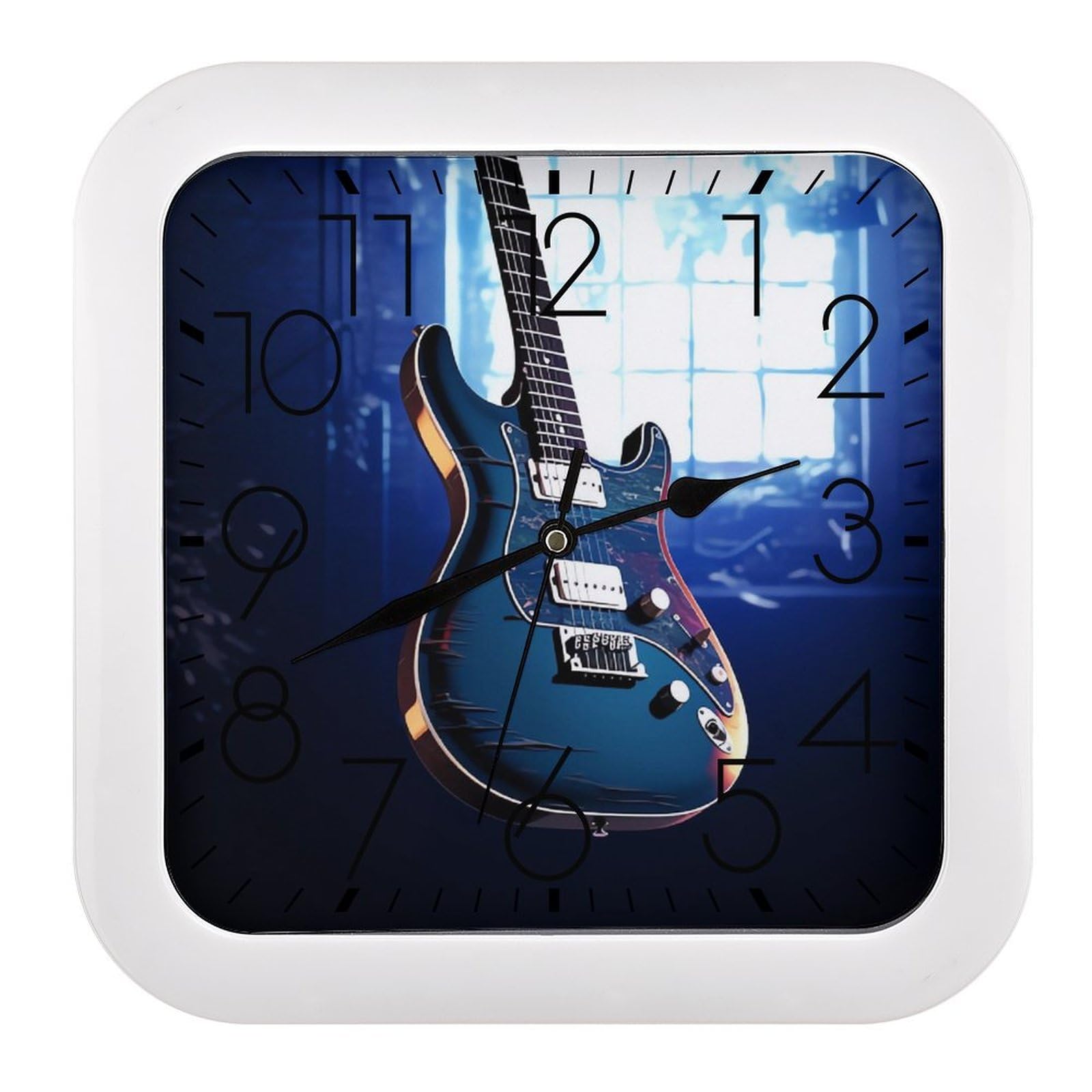 NTVOWPZO 10 Inch Wall Clock Blue Guitar Battery Operated Wall Clocks Silent Non-Ticking Square Wall Clock for Living Room Kitchen Home Office Wall Decorative Clocks