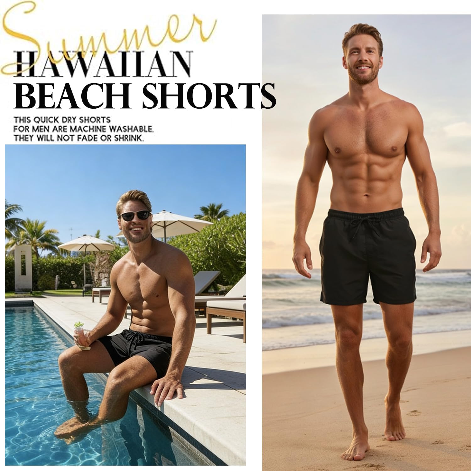 Men's Swim Trunks with Compression Liner, Quick Dry Hawaiian Swimwear Bathing Suit Drawstring Board Shorts