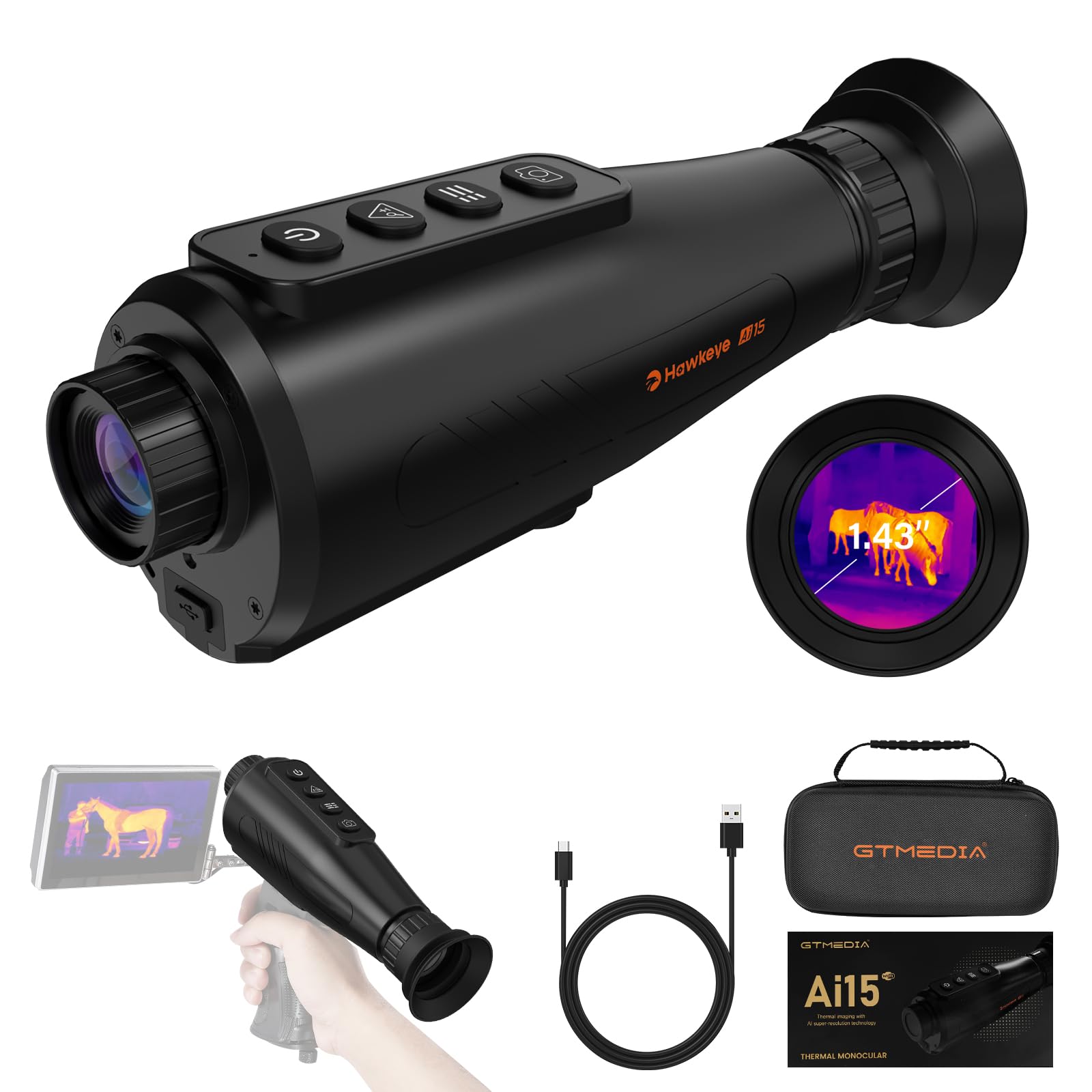 Ai15 Thermal Monocular，[AI Super Resolution] Thermal Imaging Monocular 384x288 (50 Hz),1.43" Large AMOLED Display，12H Thermal Vision Monocular for Wildlife Viewing, Hunting & Outdoor