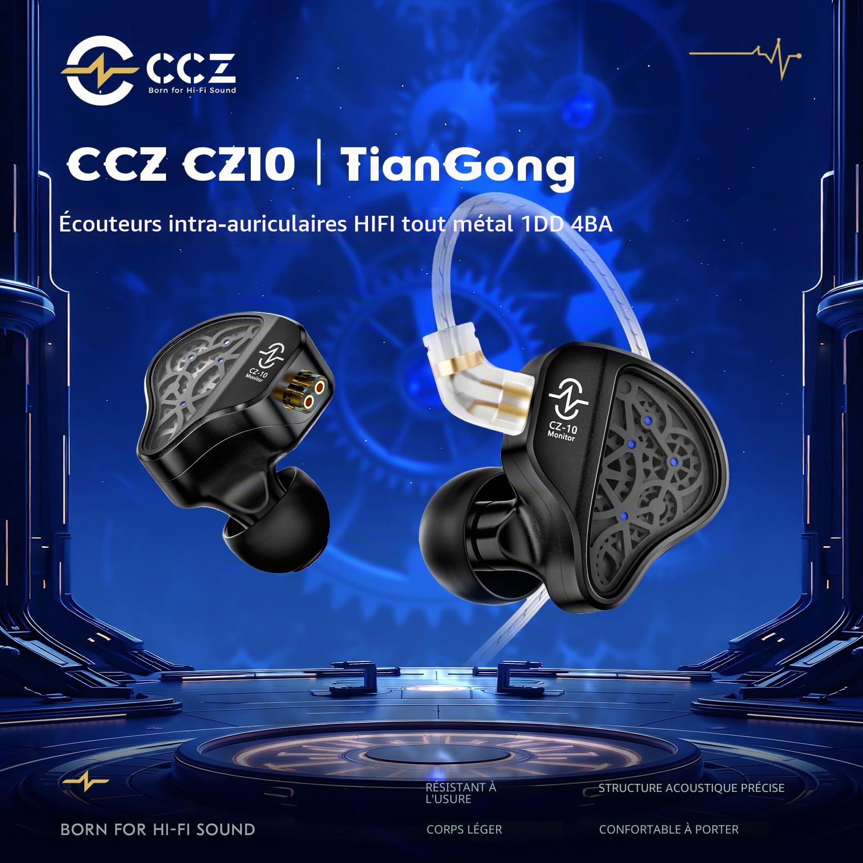 Yinyoo CCZ CZ10 – Écouteurs de jeu filaires IEM 1DD+4BA avec boîtier en alliage de zinc, écouteurs intra-auriculaires avec câble OFC détachable pour audiophiles, joueurs
