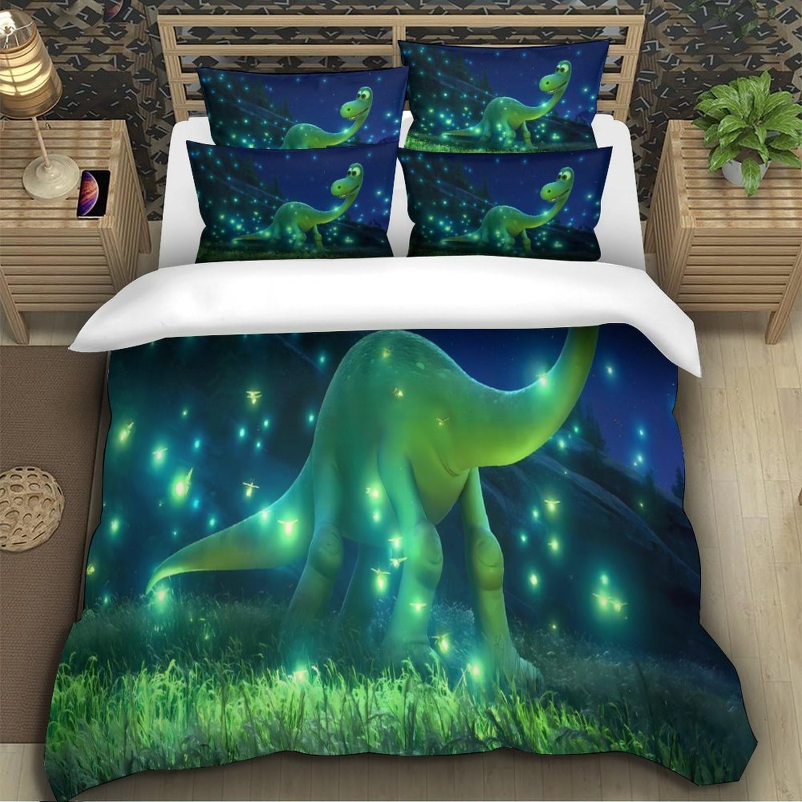Scena notturna dei dinosauri Impressione 3D 3 pz coperteletto Film d'animazione per famiglie cover piumone microfibra ipoallergenica zip per ragazzi adolescenti donne King（220x240cm）