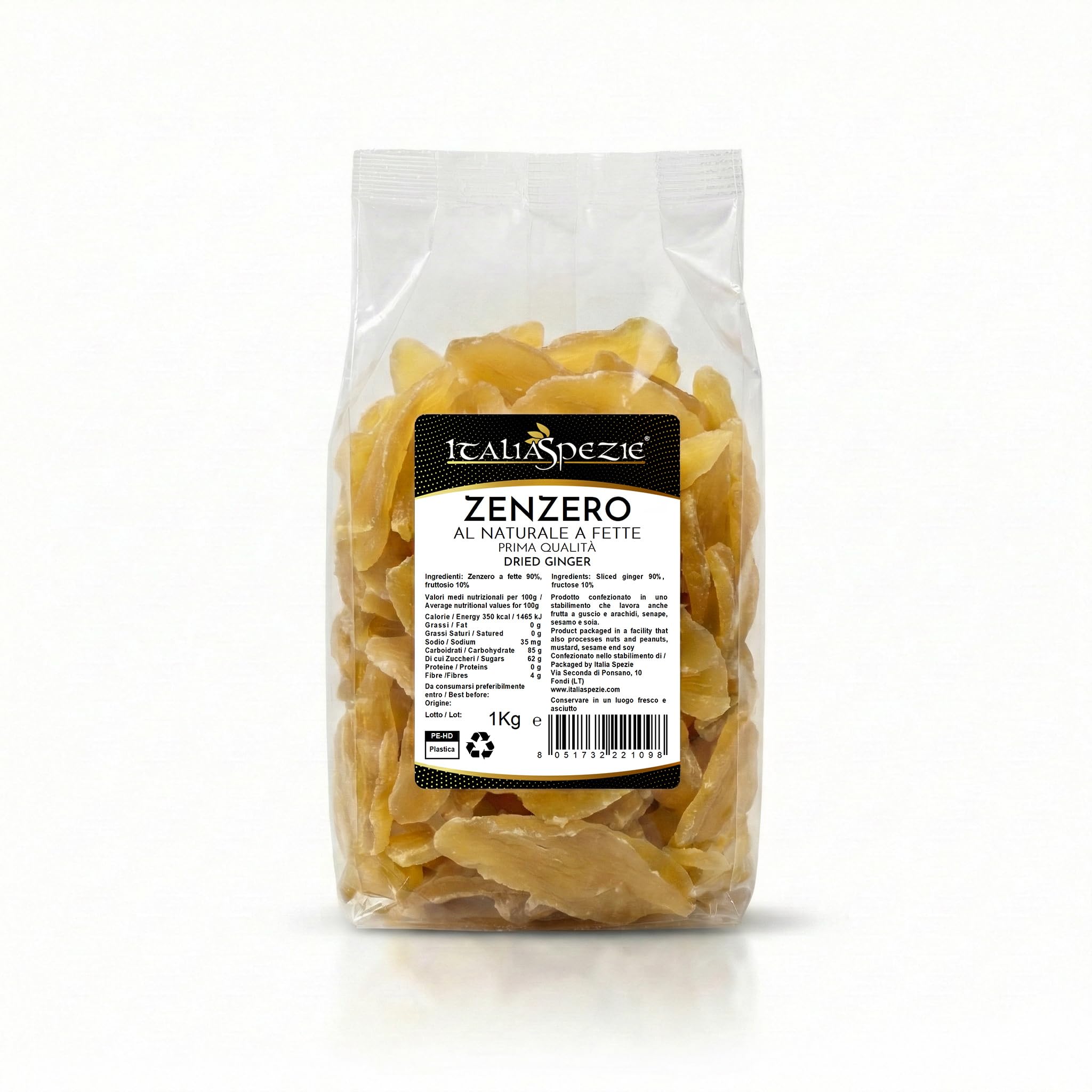 ITALIA SPEZIE - Zenzero disidratato 100% Naturale a Fette 1 Kg - Essiccato al naturale - senza solfiti aggiunti - frutta disidratata