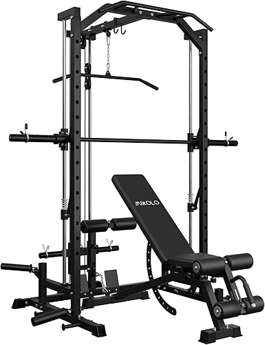 Miniatura 10 de Mikolo Smith Machine, Power Cage Home Gym, estante para sentadillas con sistema de tracción LAT y máquina de mosca de pecho, estante de potencia