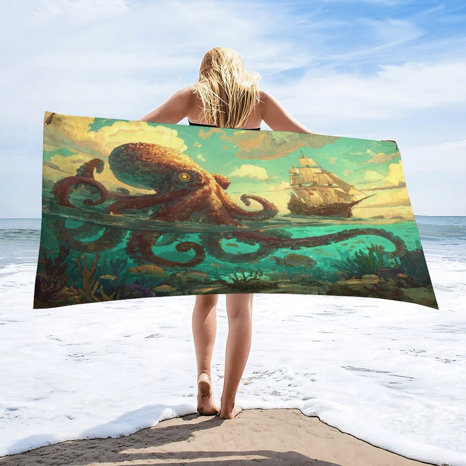Luyysky Classic Abstract Sea Octopus Quick-Drying Beach Towel, Vintage Realistic Underwater Animal Octopus Fish Pirate Ship Travel Vacation Single Sided Pile Bathroom Towels-80 W Cm X 160" L Cm
