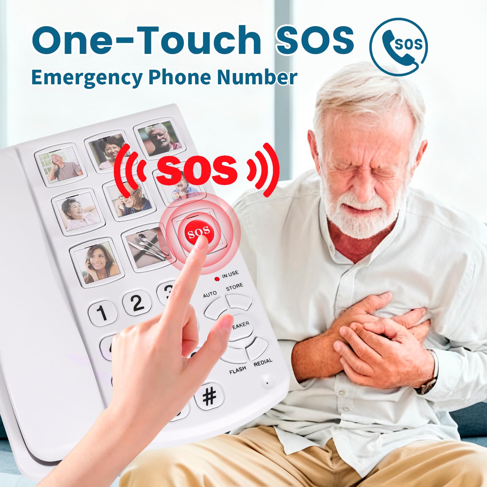 Teléfonos para personas mayores, teléfono de demencia para personas mayores, teléfono fijo con cable de memoria de 9 imágenes para ancianos, dial de un solo toque, timbre amplificado de 110 dB+,
