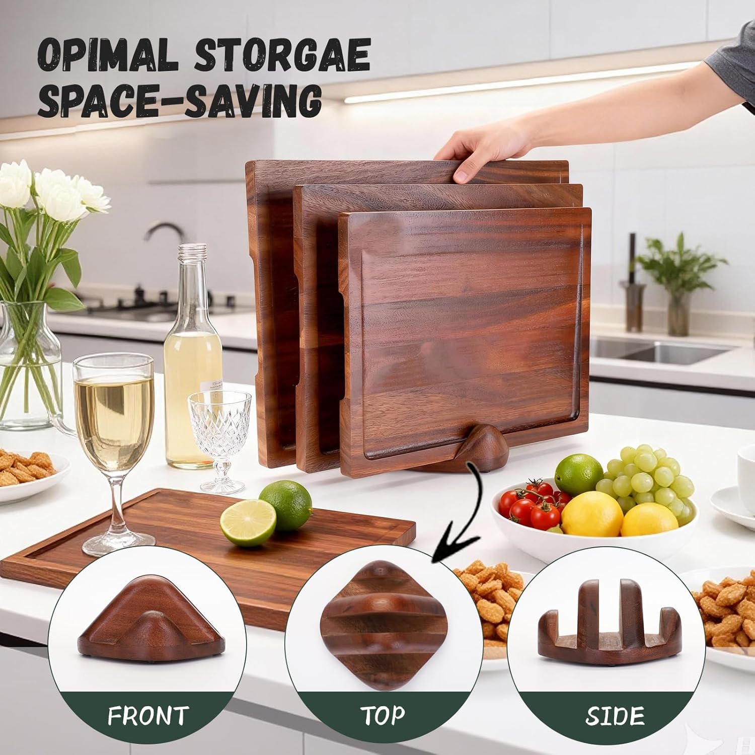 3-Piece Solid Walnut Wood Cutting Boards with Anti-Slip Holder, Chopping Block with Juice Deep Groove & Invisible Handles for Kitchen Meats Vegetables, 100% Natural Walnut, Perfect Housewarming Gift