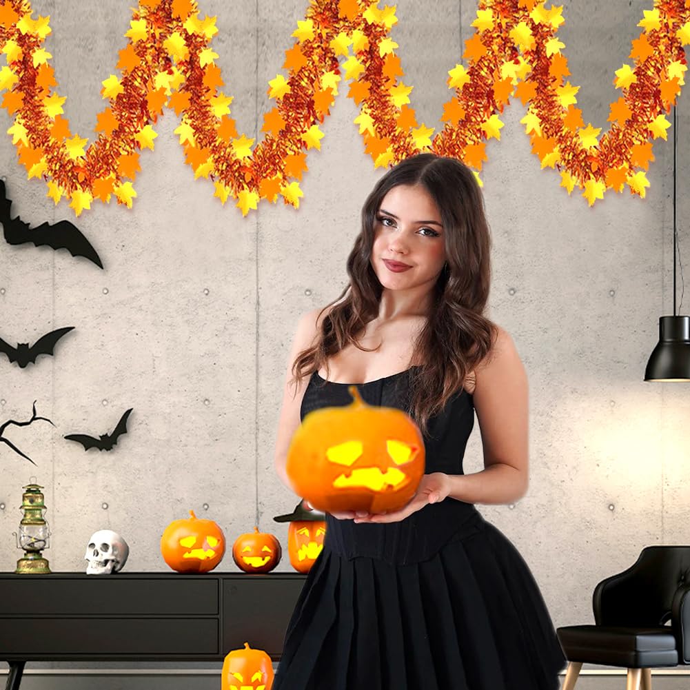 Guirnalda de oropel de Acción de Gracias – Guirnalda de otoño metálica brillante de 66 pies con purpurina para colgar decoraciones colgantes para fiestas de Acción de Gracias, suministros de
