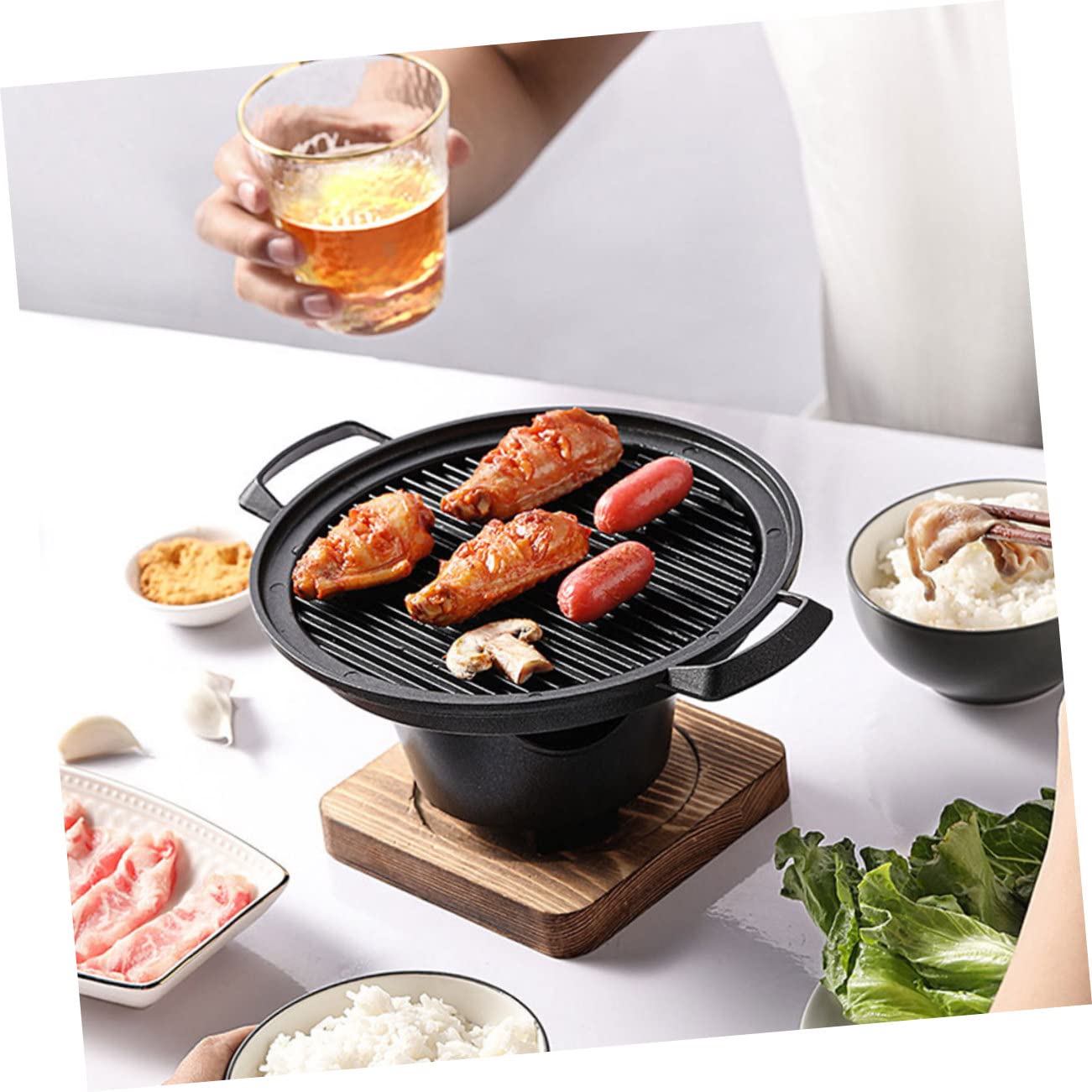 ORFOFE Barbecue da Tavolo senza Fumo Piccolo Facile da Usare in Alluminio e Legno per Casa, Adatto a Mais e Manzo con Rete per Barbecue
