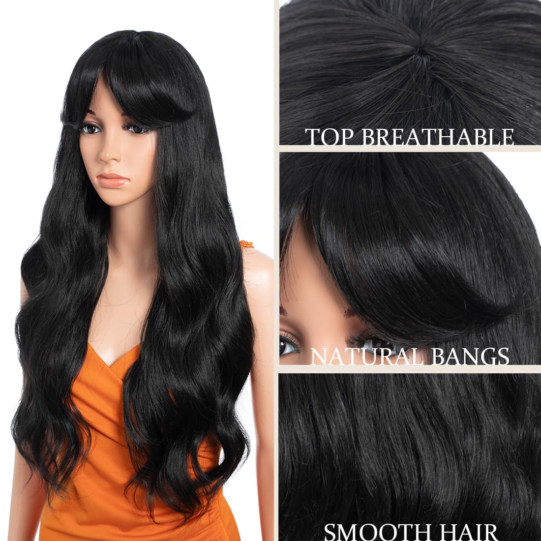 26 Inch Long Wavy Wigs for Women Black Wig with Bangs Ombre Brown Wig with Dark Roots Long Layered Wig Heat Resistant Synthetic Wig Natural Looking Wigs for Daily Party Use(1B) - Image 3