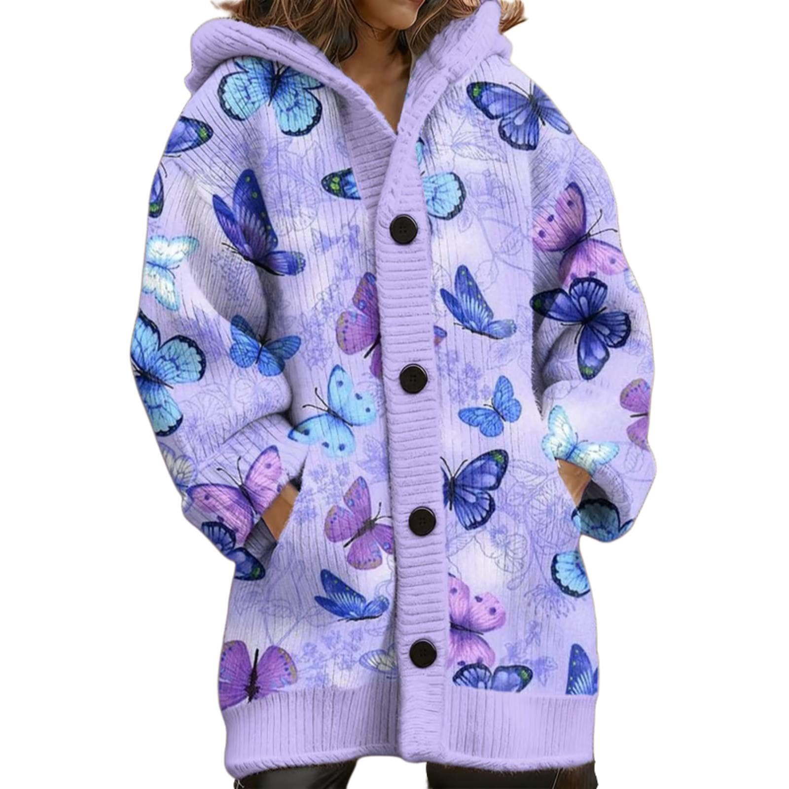 Long Sleeve Shirts for Women Elegant Floral Long Cardigan Sweater Casual Kint Button Butterfly Print Hoodies