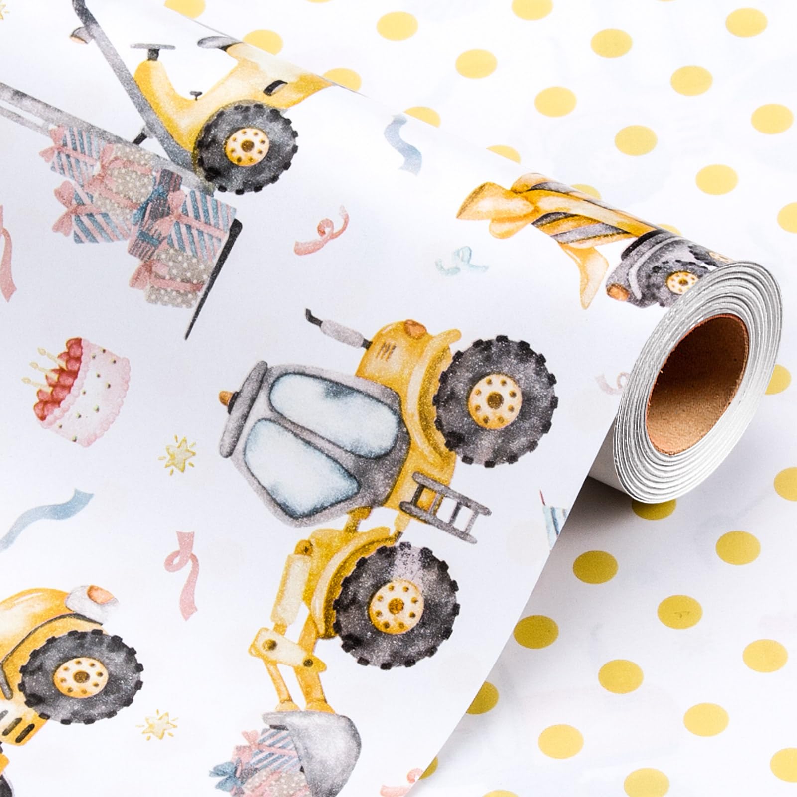 Wikadlik Birthday Wrapping Paper Roll - Cute Tractor Trucks Yellow Polka Dots Design Gift Wrap Paper for Kids Boy and Girl - 43cm x 10m โ image 1