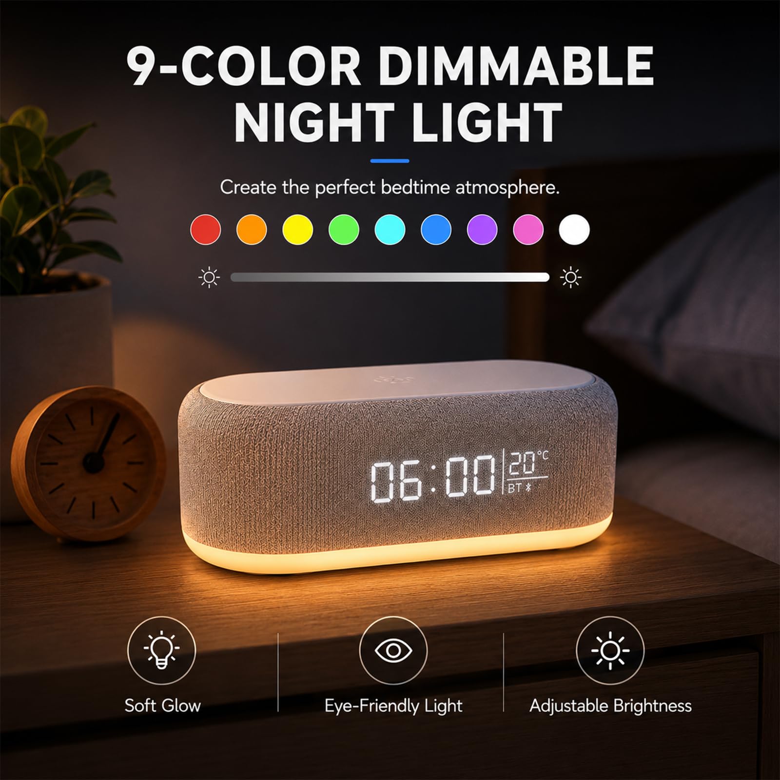 BYZESTY Radio despertador Bluetooth con carga inalámbrica 15 W, despertador de radio digital, despertador de audio Bluetooth digital 6 en 1 con luz nocturna y reloj, cargador USB para mesita de noche