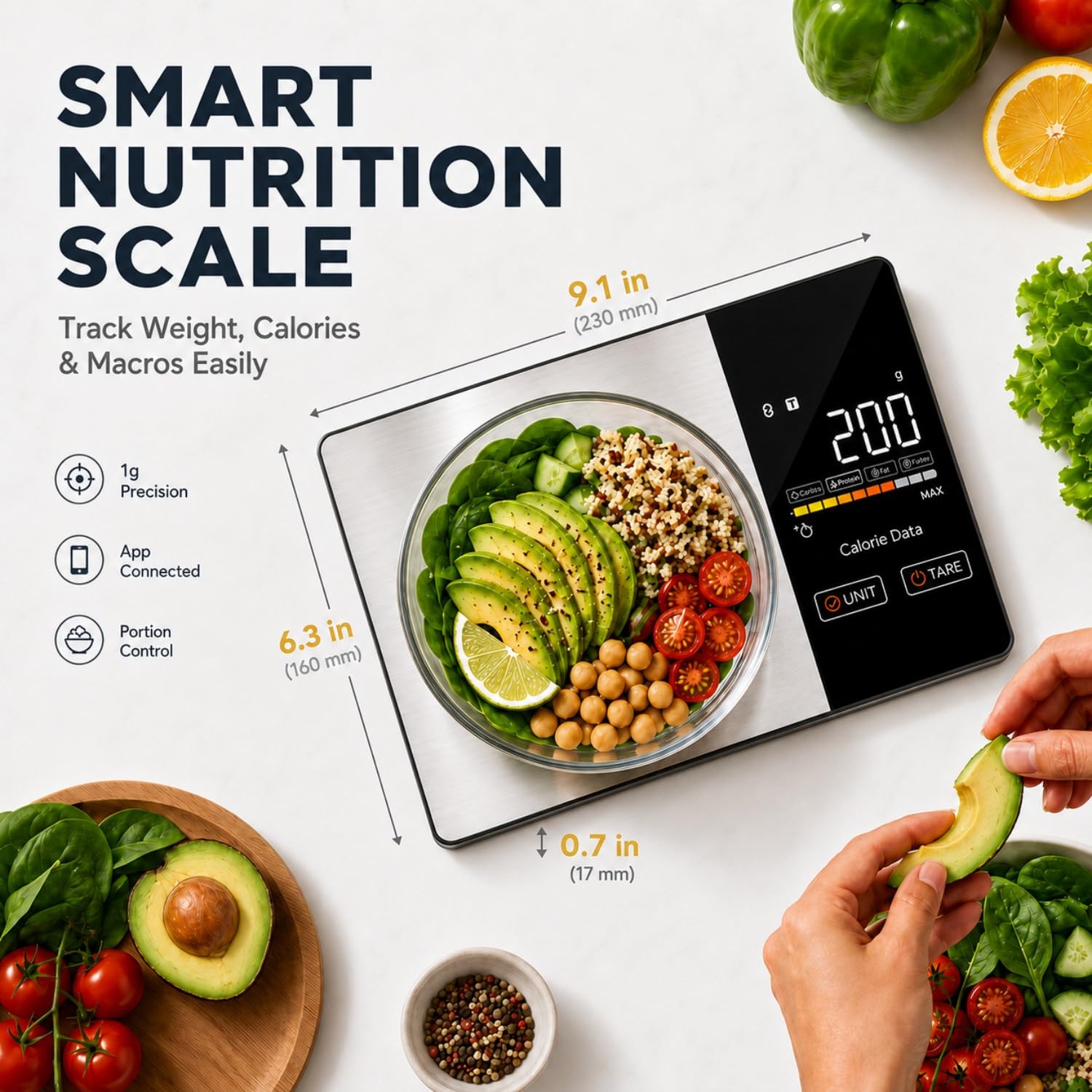 Smart Nutrition - Bilancia digitale da cucina con app calcolatrice nutrizionale, funzione tara, traccia calorie e 19 nutrienti, 5 kg, grammi/oncia, in acciaio inox per dimagrire e dieta