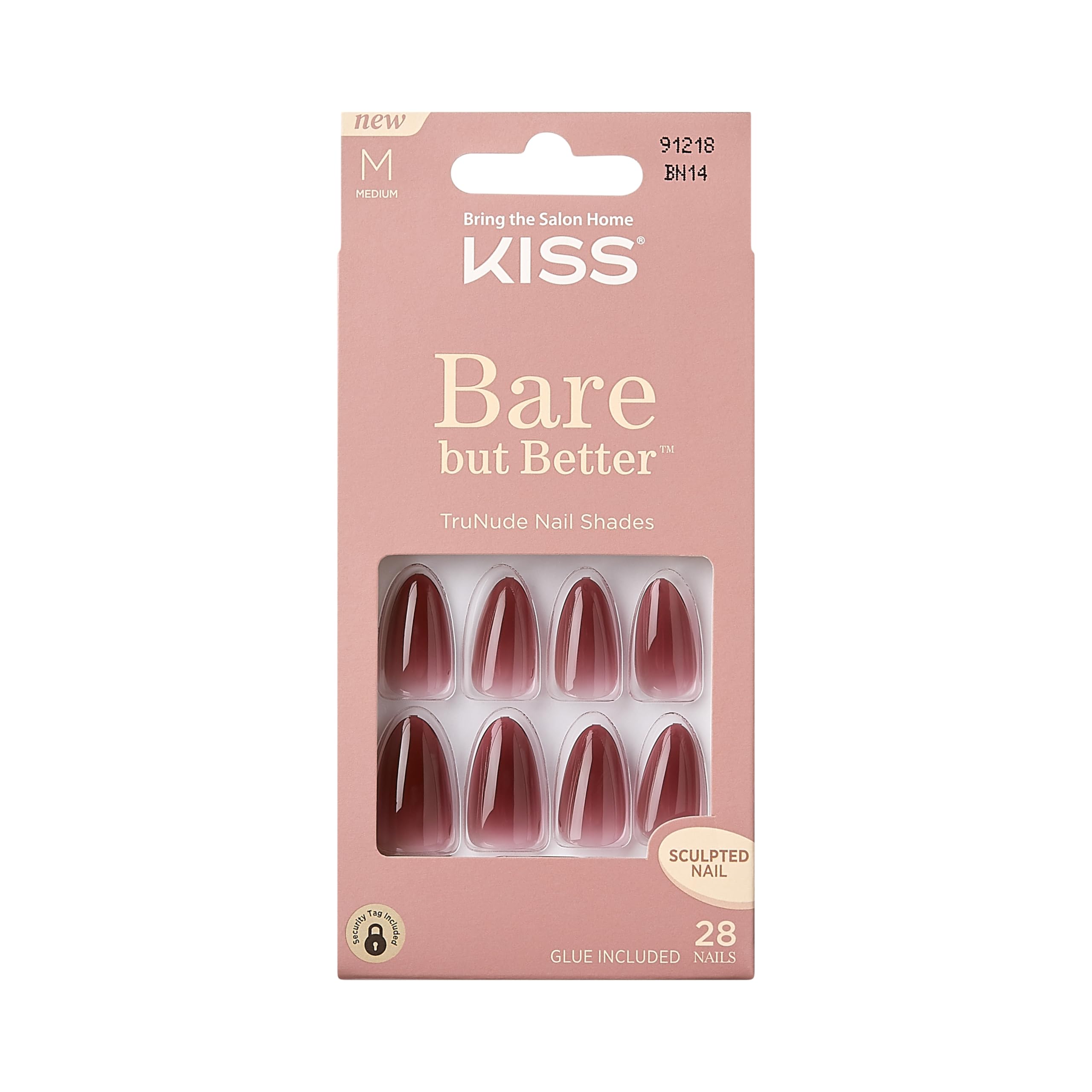 KISS Bare but Better Press On Nails Medium Length Almond Shape 'Chemistry' Red Set Contains 28 False Nails, Pink Nail Glue 2g (0.07 oz), Manicure Sticks, Mini File