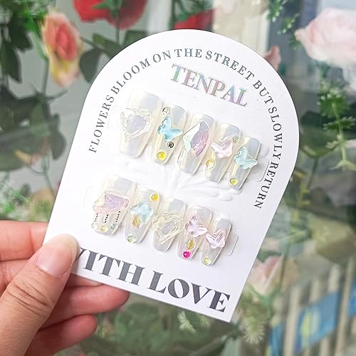 TENPAL 3D Charms Coffin Nails,Handmade Press on Nails with Kit,Aurora Iridescent